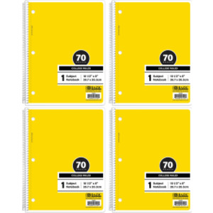 1-Subject Spiral Notebooks, College Ruled, 70 Count, Yellow, 4-Pack