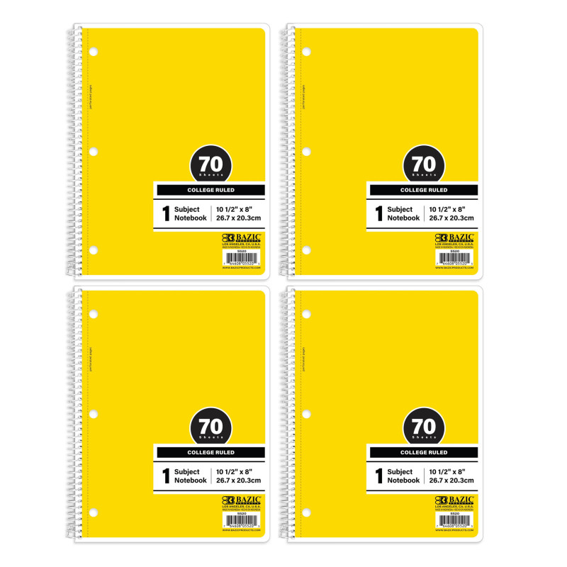 1-Subject Spiral Notebooks, College Ruled, 70 Count, Yellow, 4-Pack