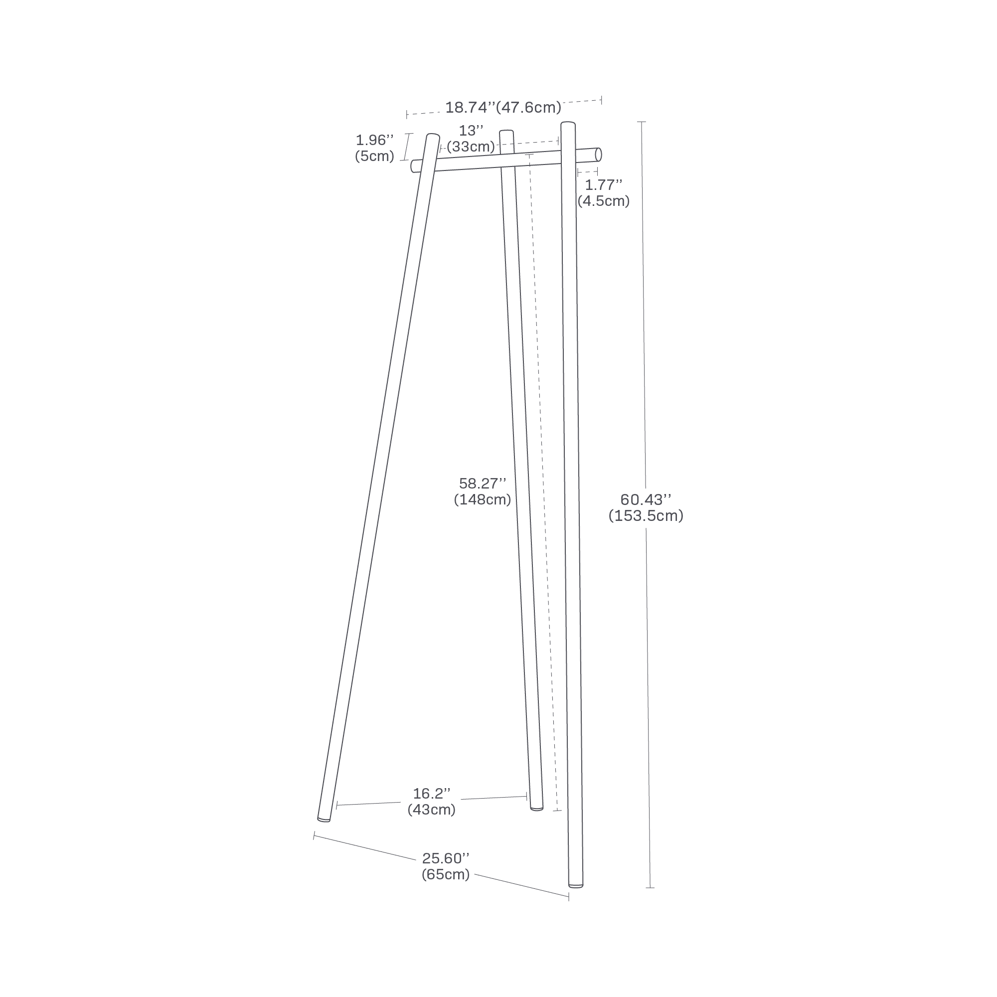 A detailed dimensions image for the Tri-post coat rack featuing the dimensions L 16.93 x W 25.59 x H 60.43 inches