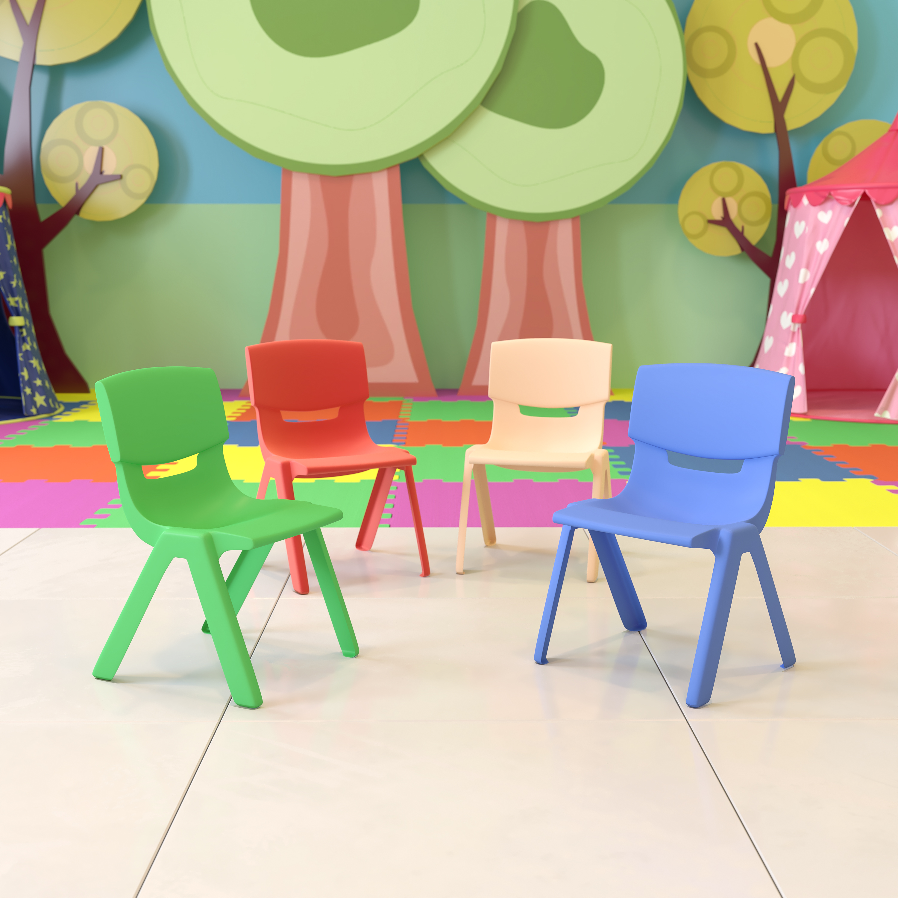 Pack de 4 sillas escolares apilables de plástico azul con asiento de 10,5" H, silla preescolar - Imagen 26 de 58