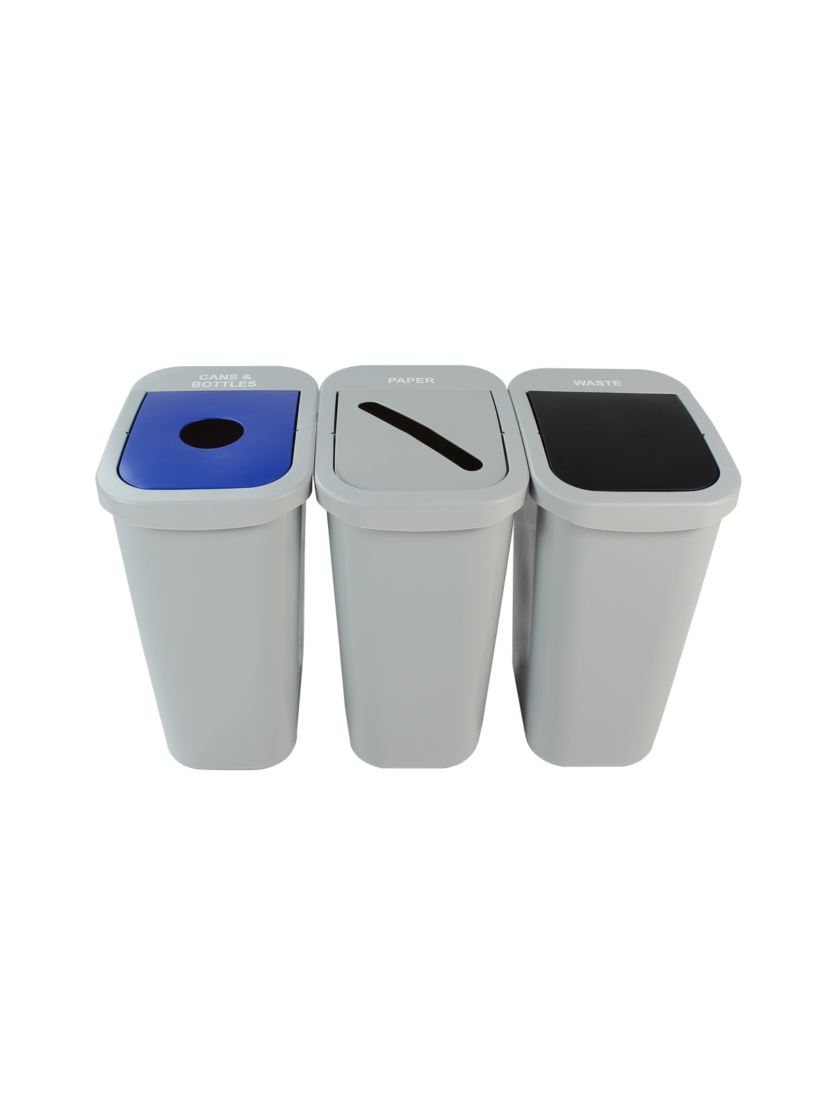 BILLI BOX – Triple – Kit – 10 G – Cans & Bottles-Paper-Waste – Circle-Slot-Swing – Grey-Blue-Grey-Black