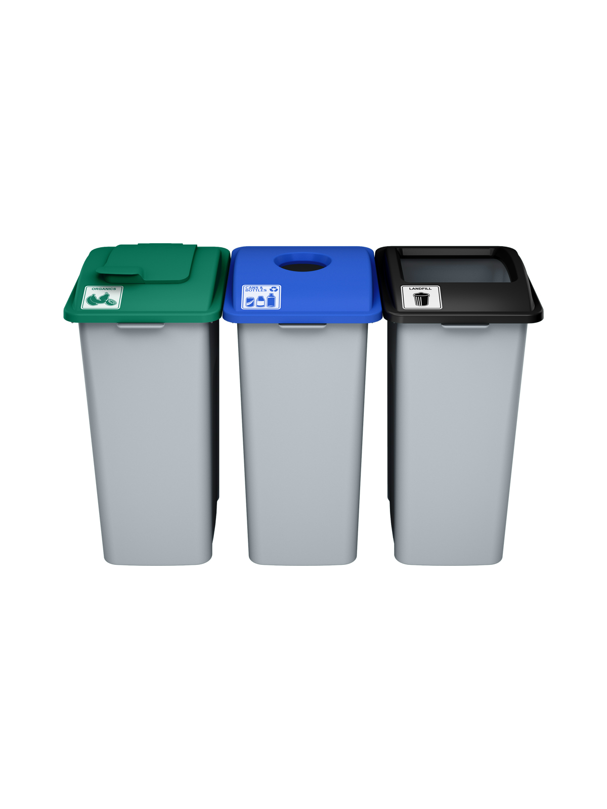WASTE WATCHER – Triple – Kit – Xl – Organics-Cans & Bottles-Landfill – Solid Lift-Circle-Full – Grey-Green-Blue-Black