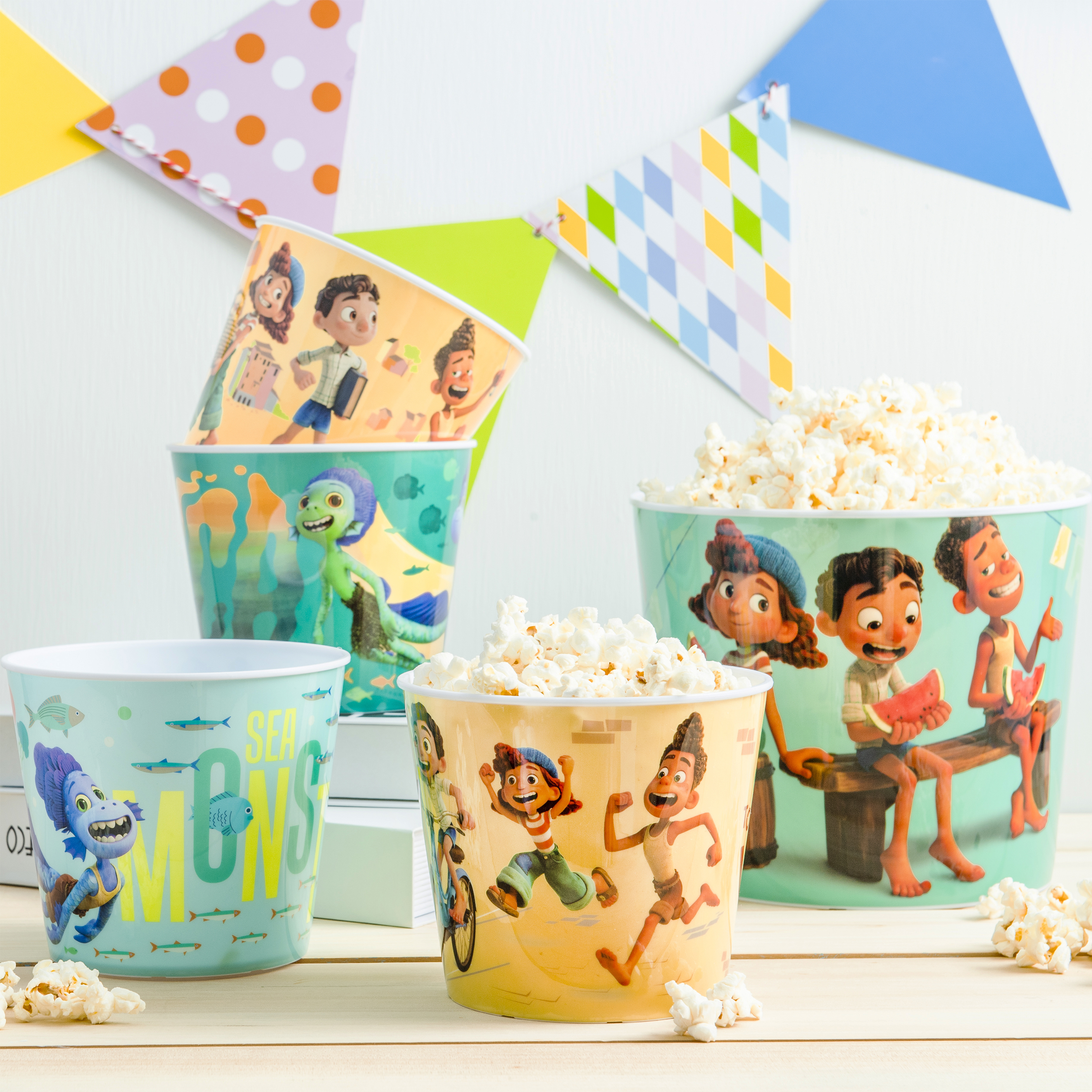 Disney and Pixar Plastic Popcorn Container and Bowls, Luca, 5-piece set slideshow image 2 Disney and Pixar Plastic Popcorn Container and Bowls, Luca, 5-piece set slideshow image 2