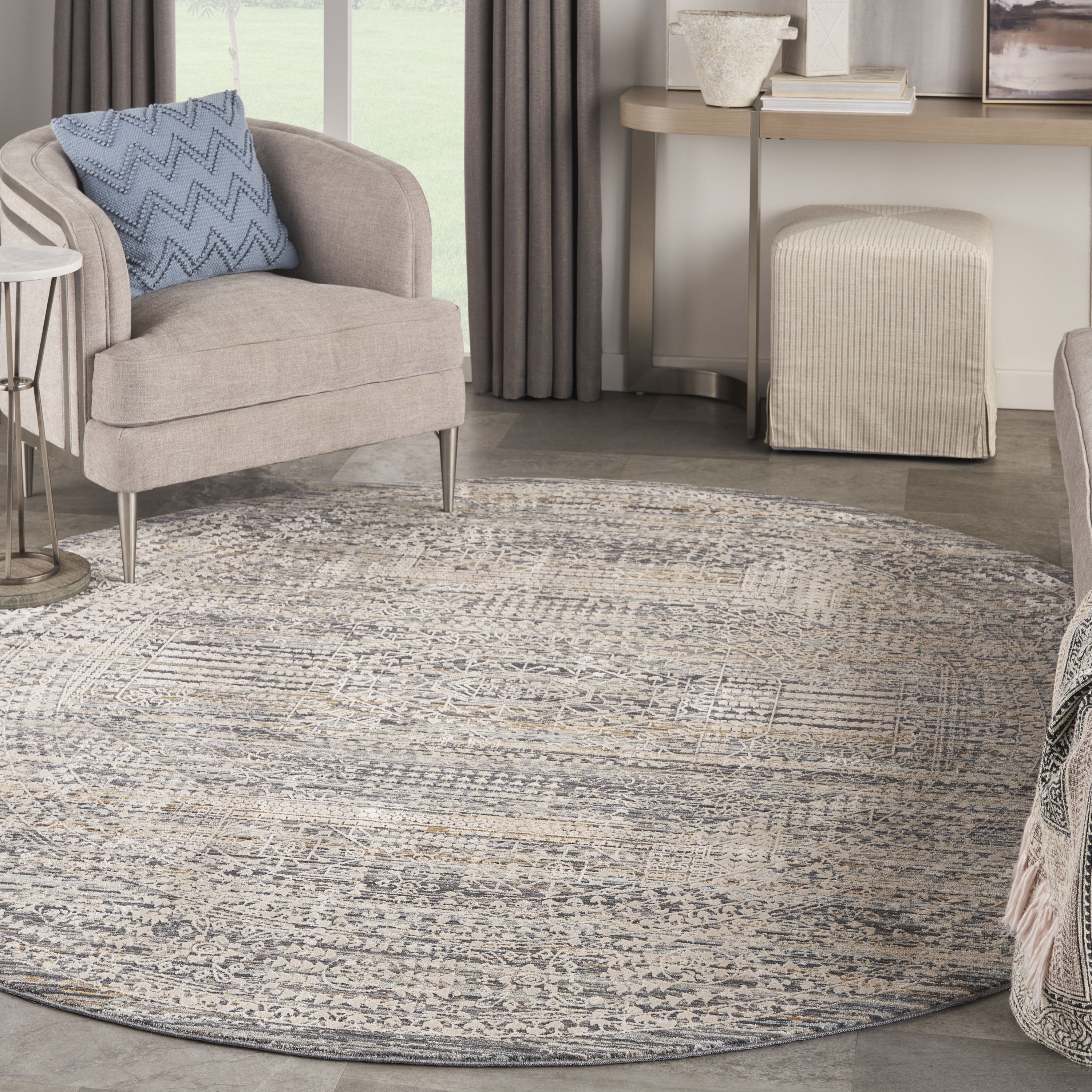 Nourison Lynx 7’10” x Round Ivory Slate Vintage Indoor Rug
