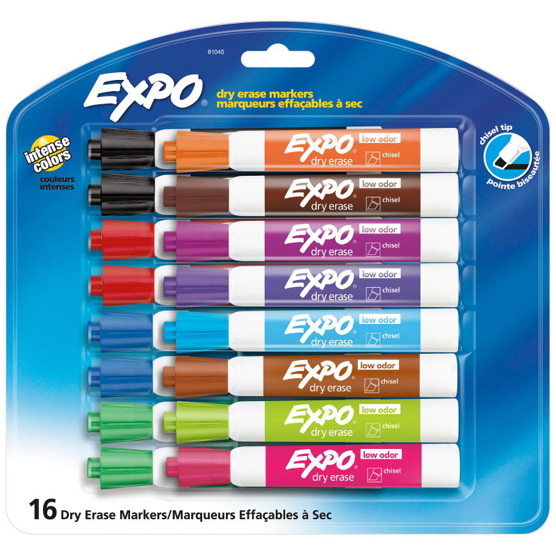 Low Odor Dry Erase Marker, Chisel Tip, Assorted, Pack of 16