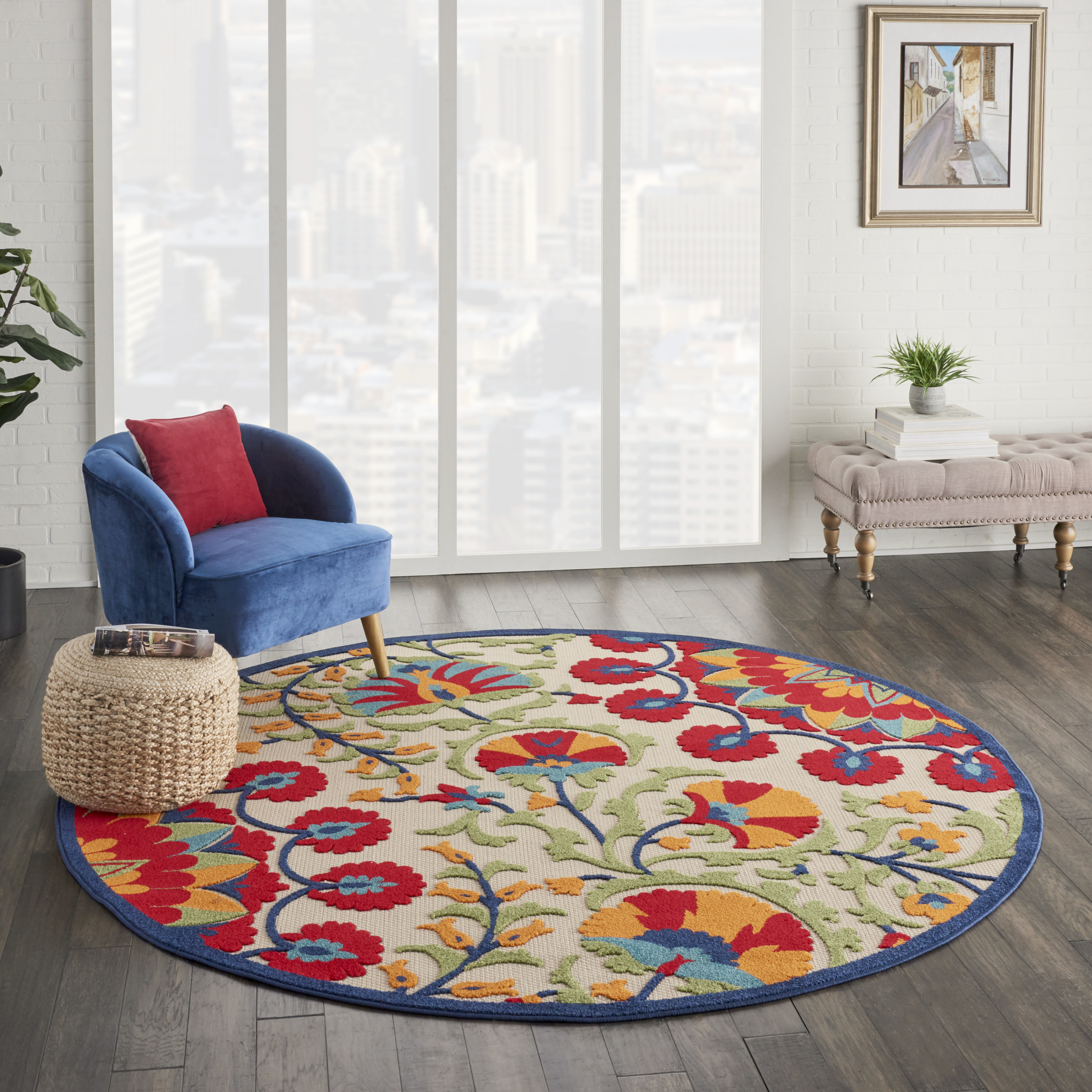 Nourison Aloha 7'10" x Round Red Multicolor Transitional Rug