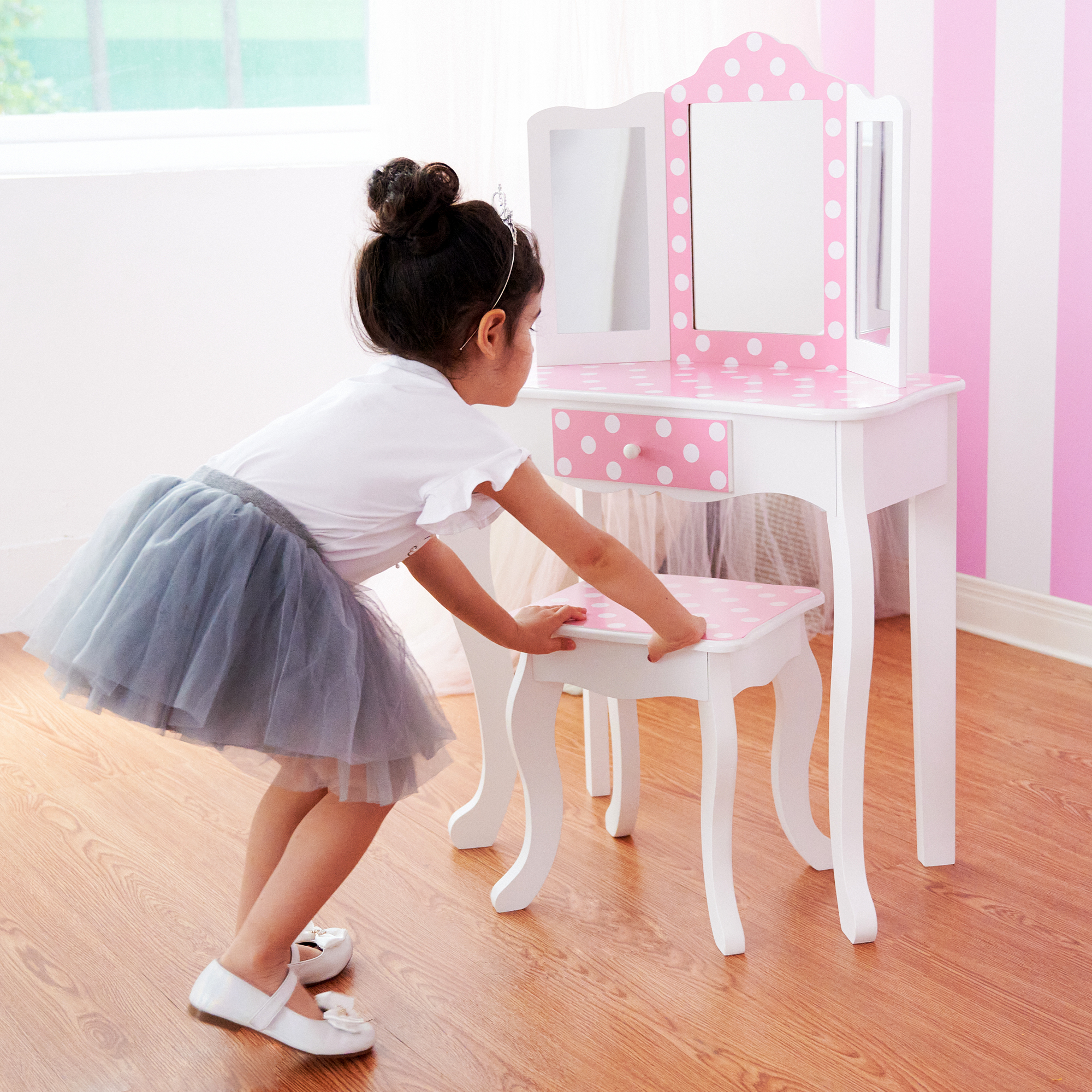 Dressing Table Vanity Set Mirror W/ LED Lights & Stool TD-11670FL by Teamson - Picture 10 of 12