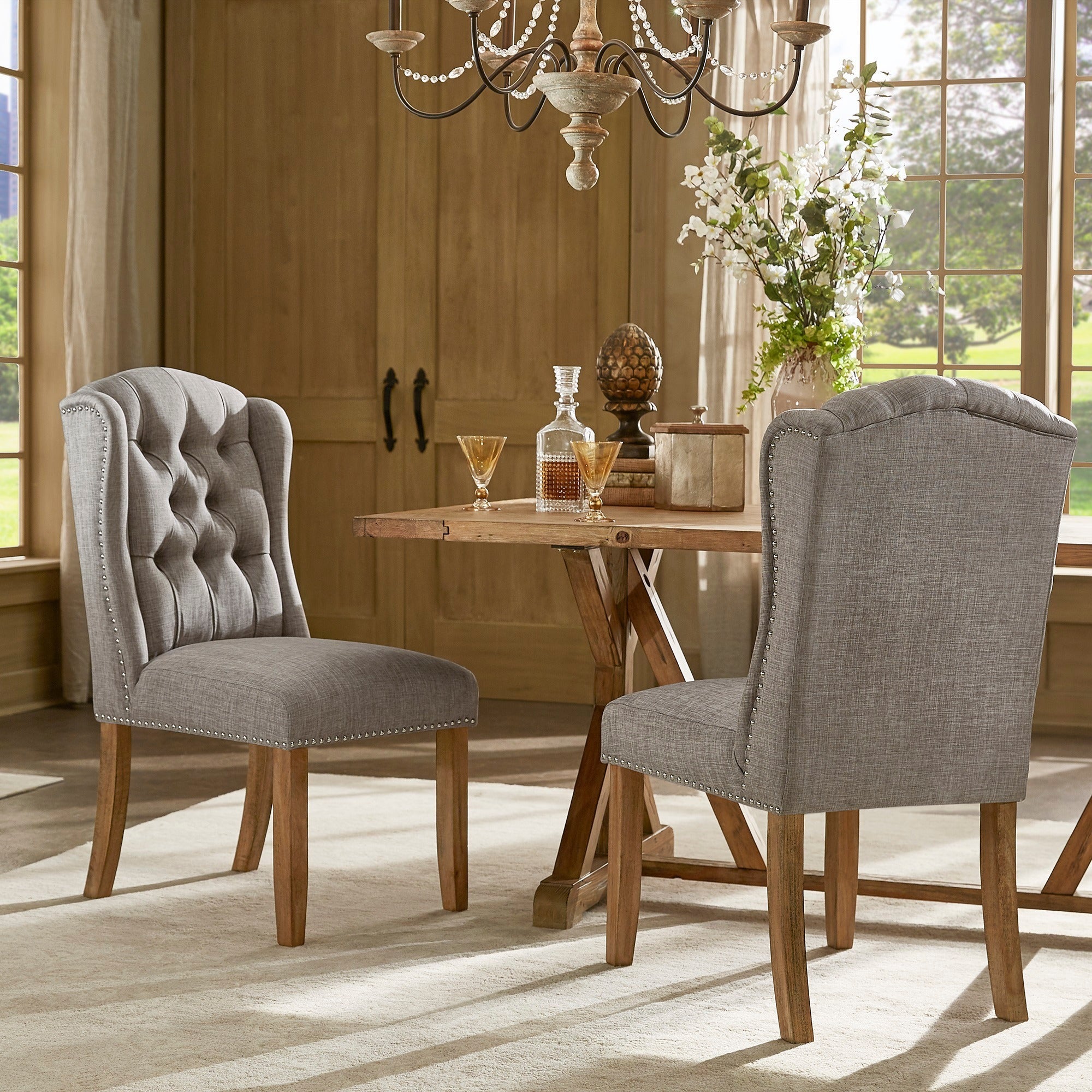 Tufted Wingback Dining Chairs with Nailhead Trim (Set of 2)