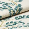 Cream woven fabric with teal embroidered leaf motifs folded over itself, showing raised tufted stitching; macro close-up on a neutral surface with soft, diffuse lighting.