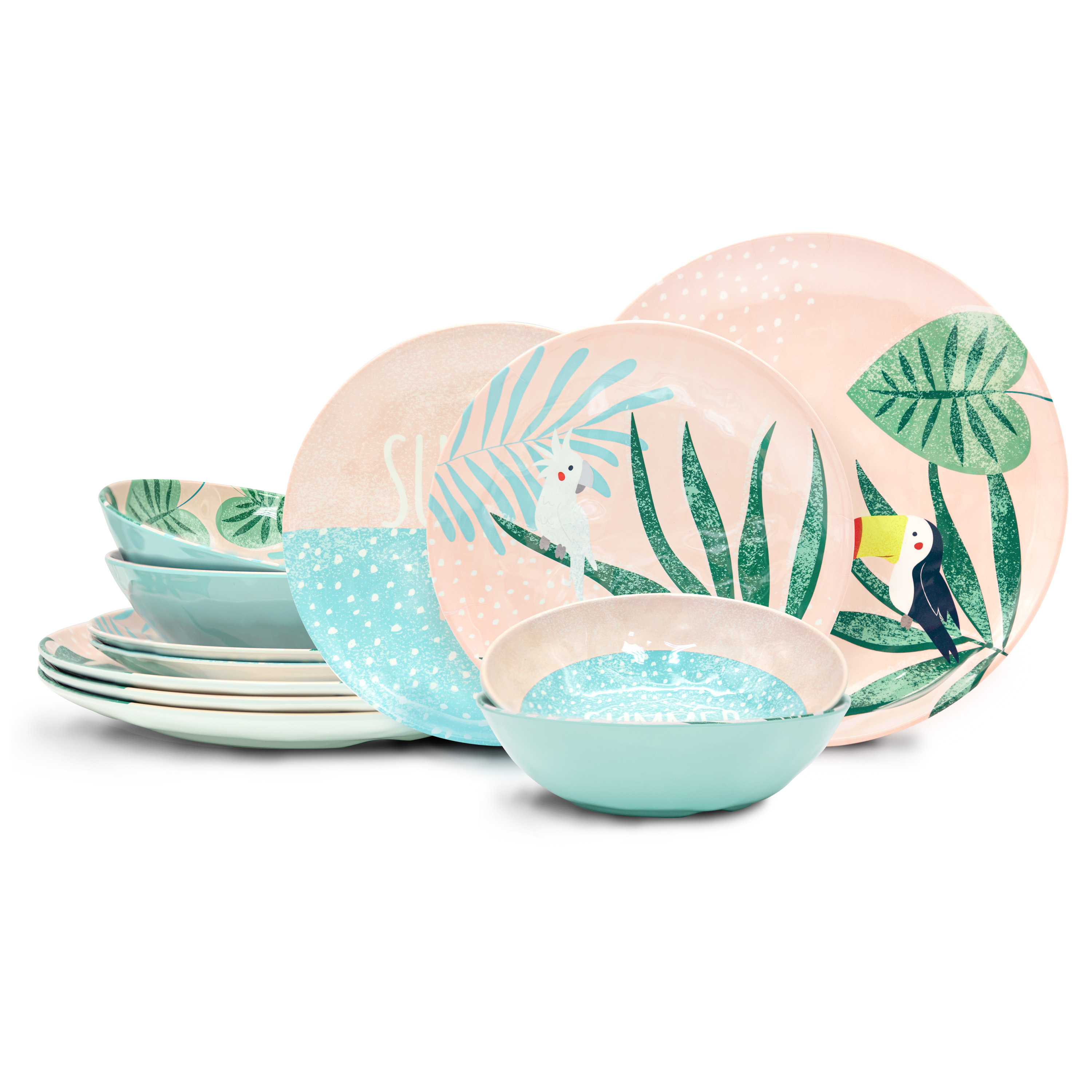 Summer Prints Dinnerware Set, Pink Tropics, 12-piece set slideshow image 1 Summer Prints Dinnerware Set, Pink Tropics, 12-piece set slideshow image 1