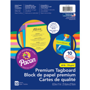 Premium Tagboard, 10 Assorted Bright Colors, 8-1/2" x 11", 50 Sheets