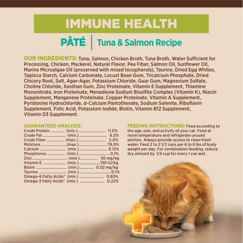 <p>Tuna, Salmon, Chicken Broth, Tuna Broth, Water Sufficient for Processing, Chicken, Mackerel, Natural Flavor, Pea Fiber, Salmon Oil, Sunflower Oil, Marine Microalgae Oil (preserved with mixed tocopherols), Taurine, Dried Egg Whites, Tapioca Starch, Calcium Carbonate, Locust Bean Gum, Tricalcium Phosphate, Dried Chicory Root, Salt, Agar-Agar, Potassium Chloride, Guar Gum, Magnesium Sulfate, Choline Chloride, Xanthan Gum, Zinc Proteinate, Vitamin E Supplement, Thiamine Mononitrate, Iron Proteinate, Menadione Sodium Bisulfite Complex (Vitamin K), Niacin Supplement, Manganese Proteinate, Copper Proteinate, Vitamin A Supplement, Pyridoxine Hydrochloride, d-Calcium Pantothenate, Sodium Selenite, Riboflavin Supplement, Folic Acid, Potassium Iodide, Biotin, Vitamin B12 Supplement, Vitamin D3 Supplement.</p>
