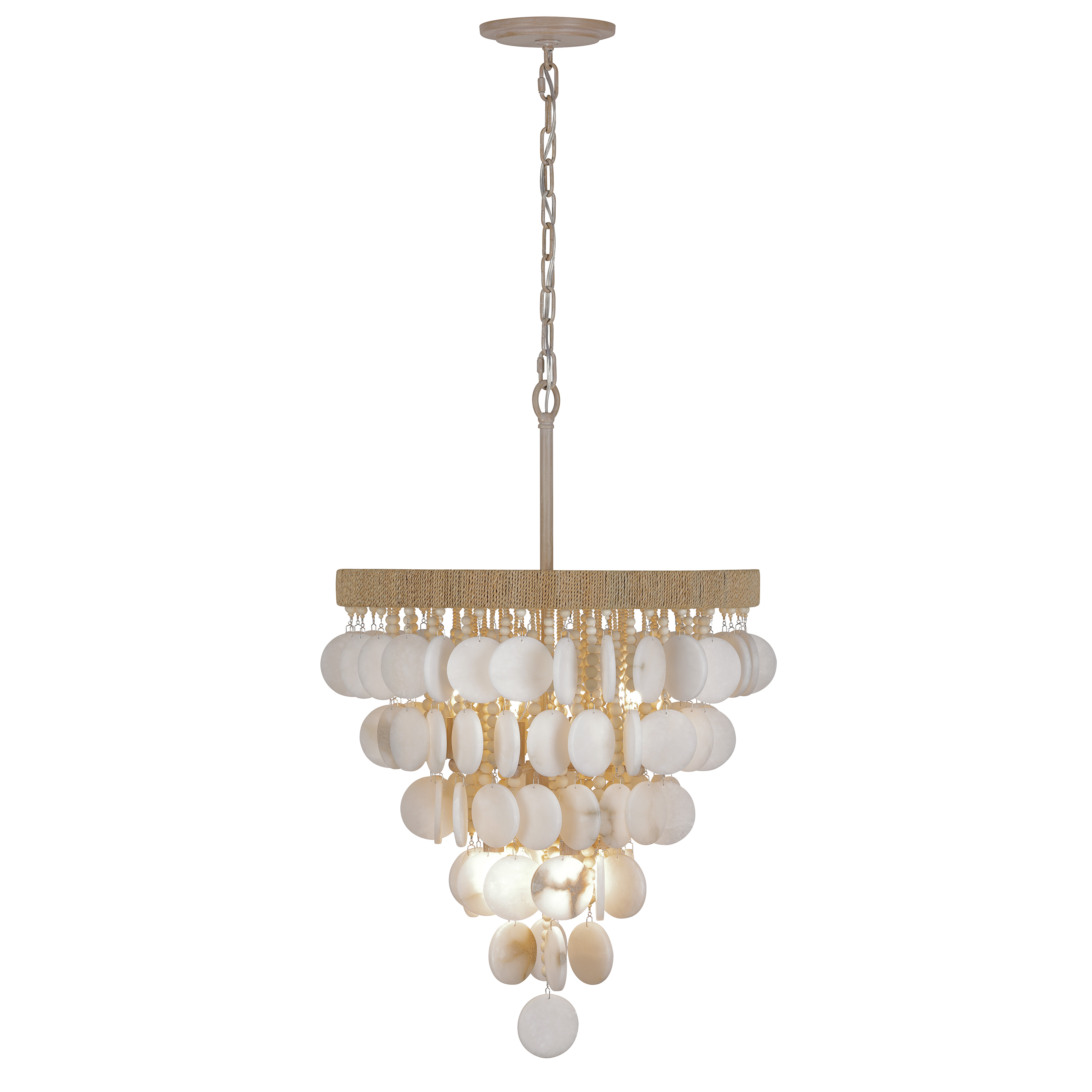 The Aurelia's Cove pendant brings beachy sophistication with its alabaster stone shades, natural coco bead accents, and rope detailing. Eight lights provide ample illumination while the Autumn White finish adds warmth to coastal and organic modern interiors. - alternate view