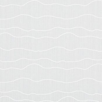Wallpaper with narrow vertical gray pinstripes and broad white wavy horizontal bands, lying flat and static, forming a repeating, subtle textured pattern across a neutral, evenly lit surface.