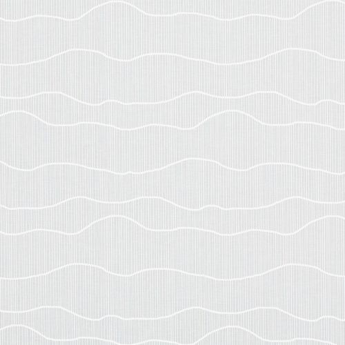 Wallpaper with narrow vertical gray pinstripes and broad white wavy horizontal bands, lying flat and static, forming a repeating, subtle textured pattern across a neutral, evenly lit surface.