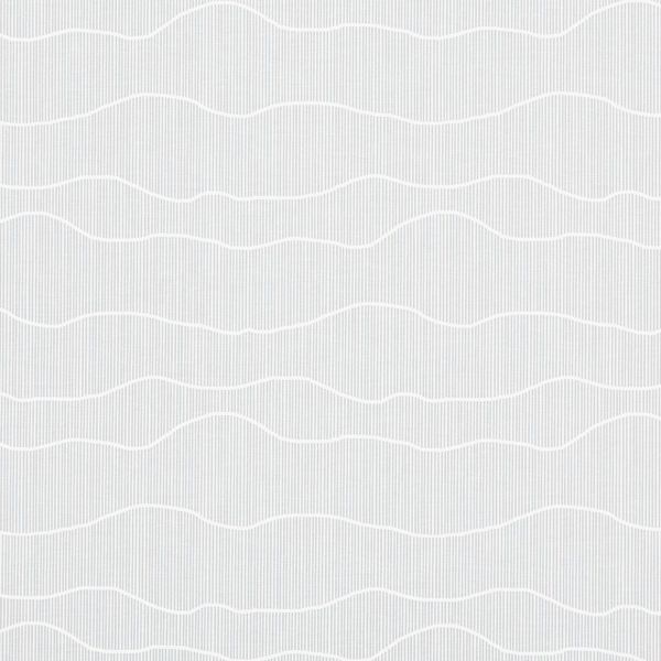 Wallpaper with narrow vertical gray pinstripes and broad white wavy horizontal bands, lying flat and static, forming a repeating, subtle textured pattern across a neutral, evenly lit surface.