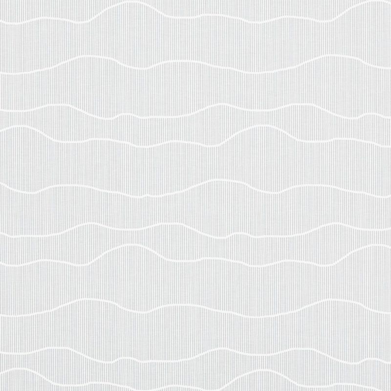 Wallpaper with narrow vertical gray pinstripes and broad white wavy horizontal bands, lying flat and static, forming a repeating, subtle textured pattern across a neutral, evenly lit surface.