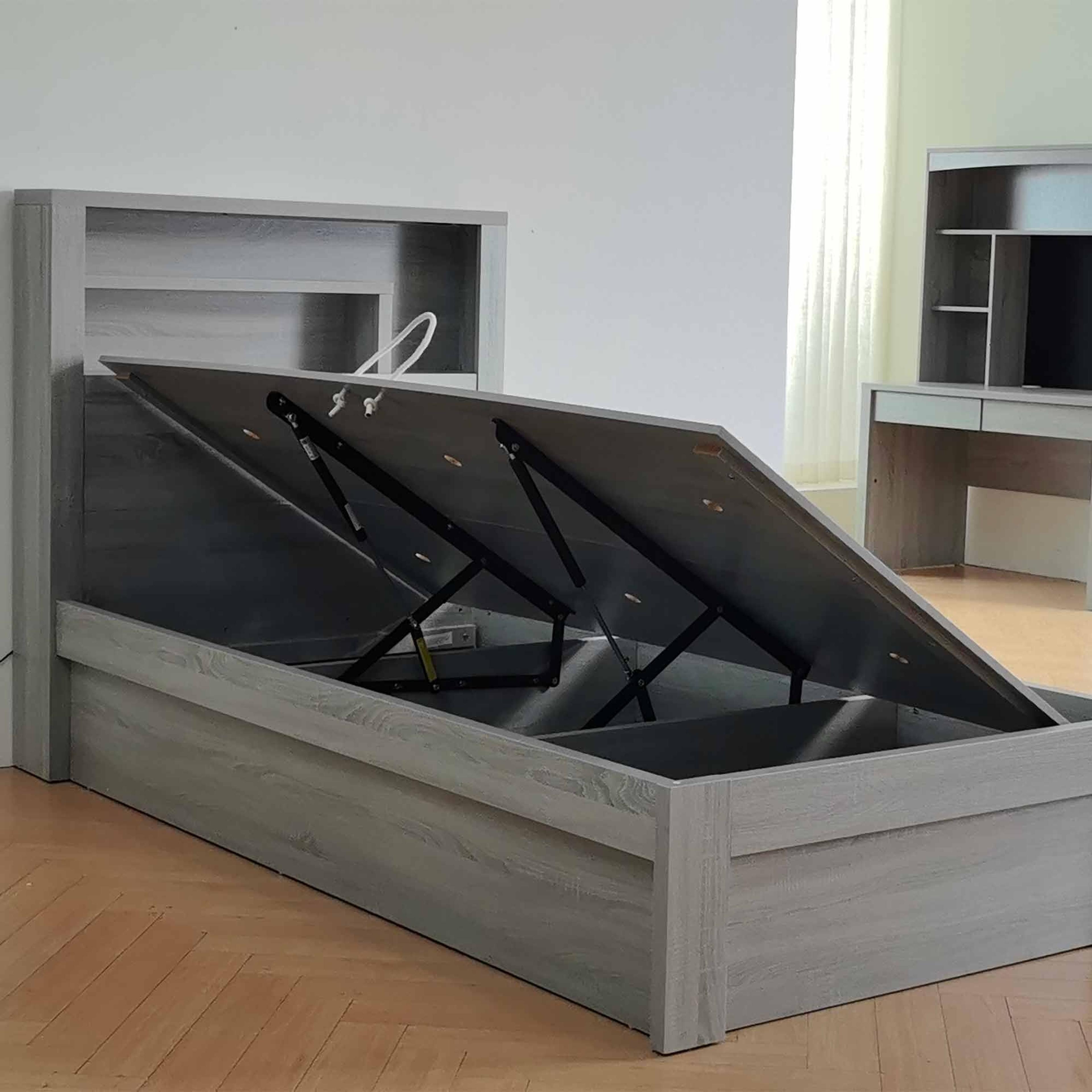 Lifestyle image of the  Bellevue Bed Frame, Side Gas Lift Base, Cement Grey from Forty Winks