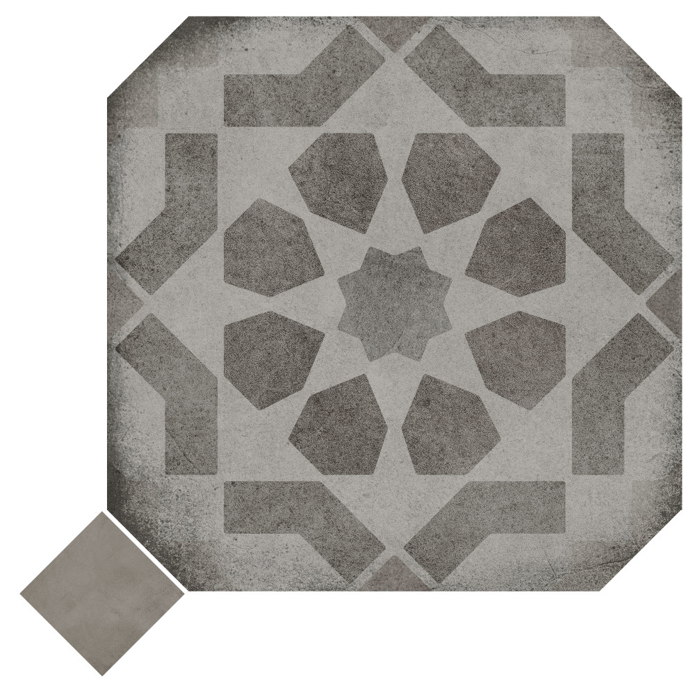 Laverton Octagon Deco Sombra with Grafito 7-7/8 in. x 7-7/8 in. Porcelain Floor and Wall Tile