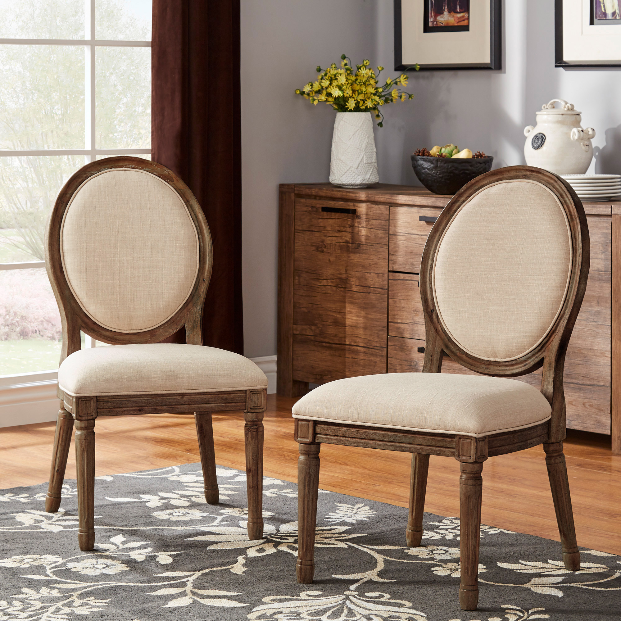 Round Linen and Wood Dining Chairs (Set of 2)