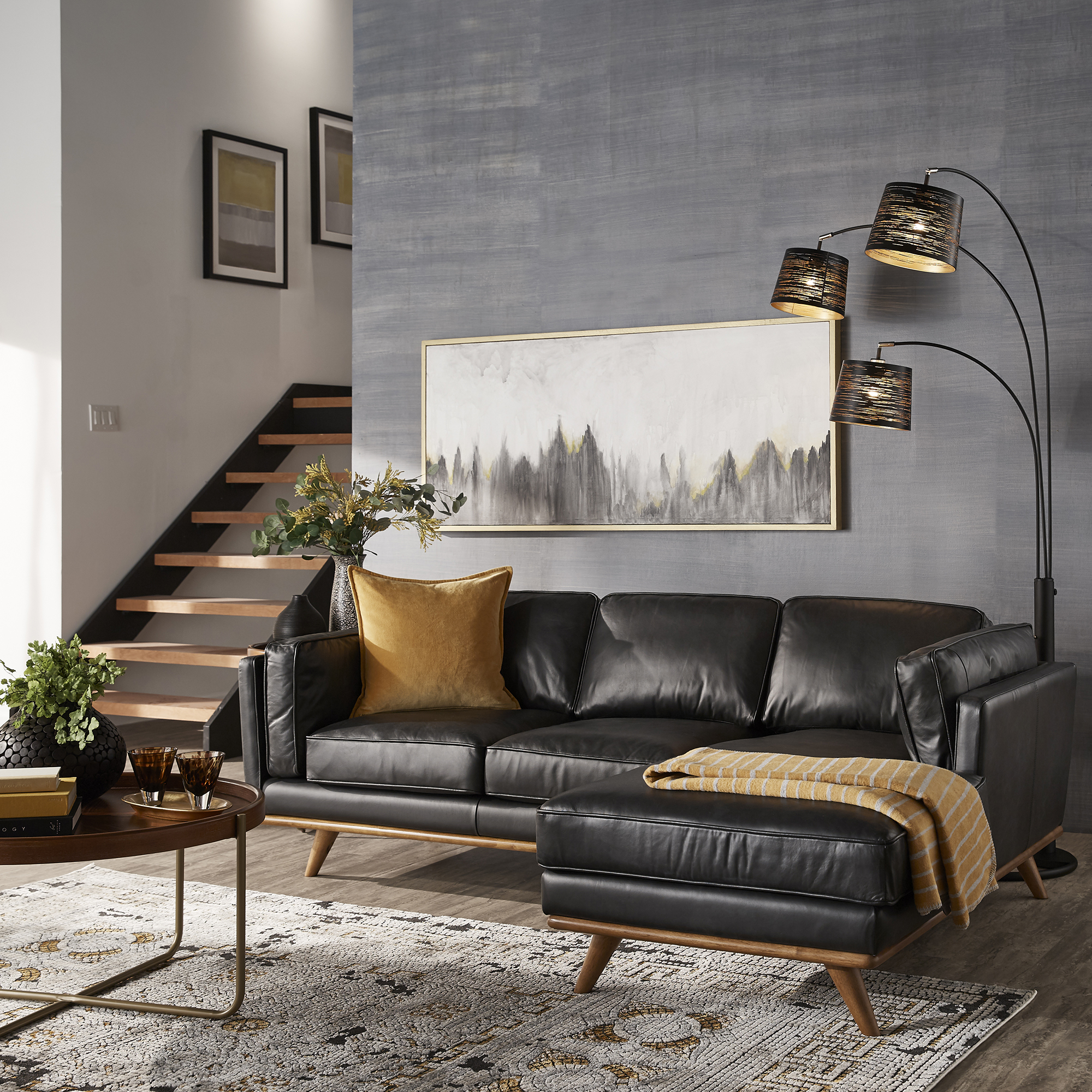 Dark Oak and Black Oxford Leather Sectional Sofa