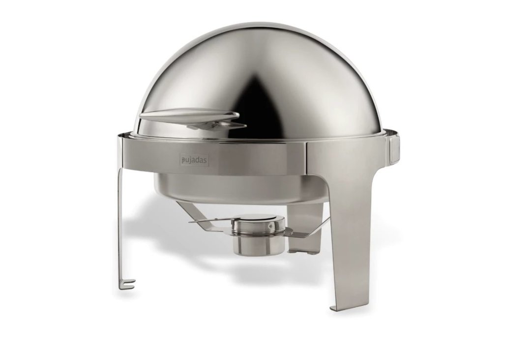 Chafing dish redondo en acero inoxidable con tapa roll top y stand.
