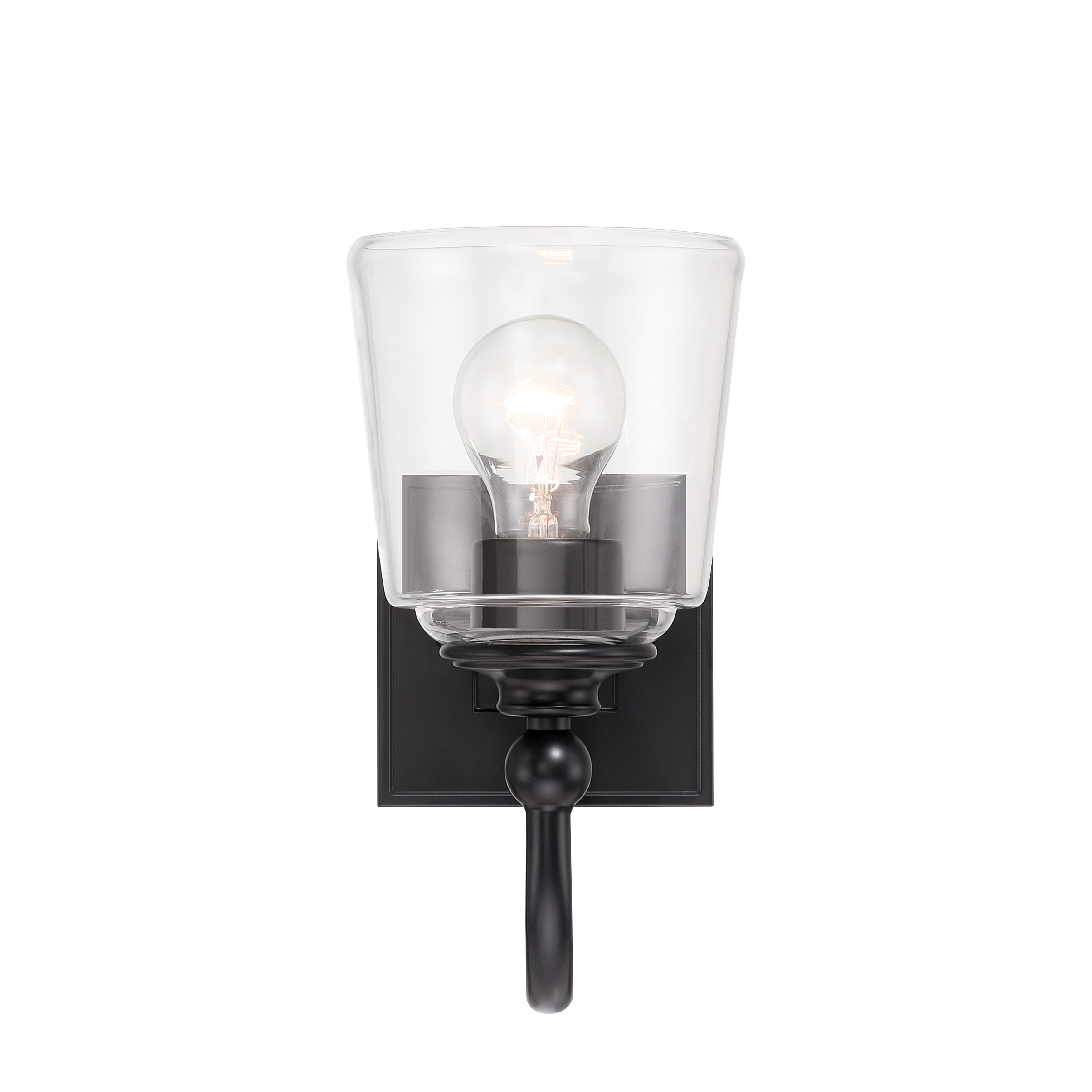 The Antonia wall sconce combines contemporary styling with industrial appeal in a compact design. Its coal black finish and glass shade create striking visual contrast, perfect for modern interiors seeking bold accent lighting. - alternate view