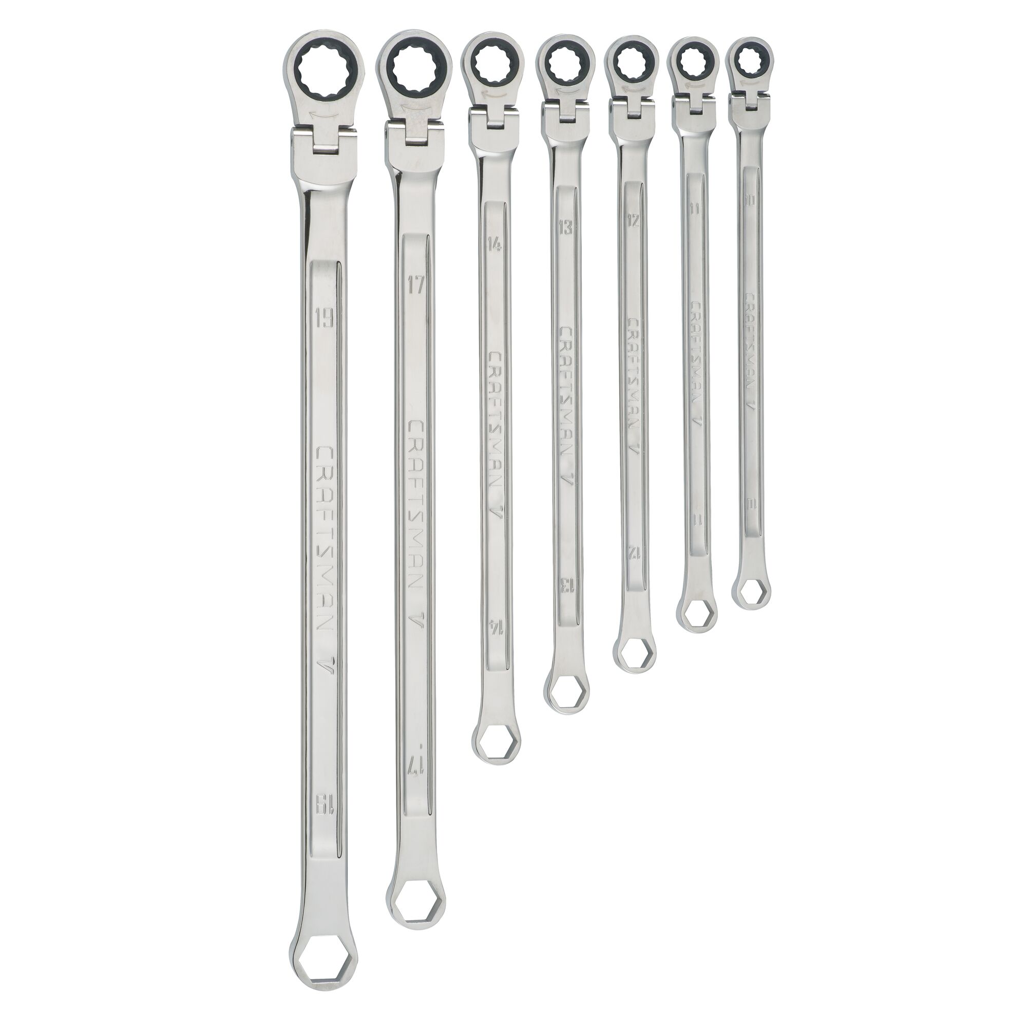 Profile of V series XXL metric ratcheting single flex head double box end wrench set (7 piece).
