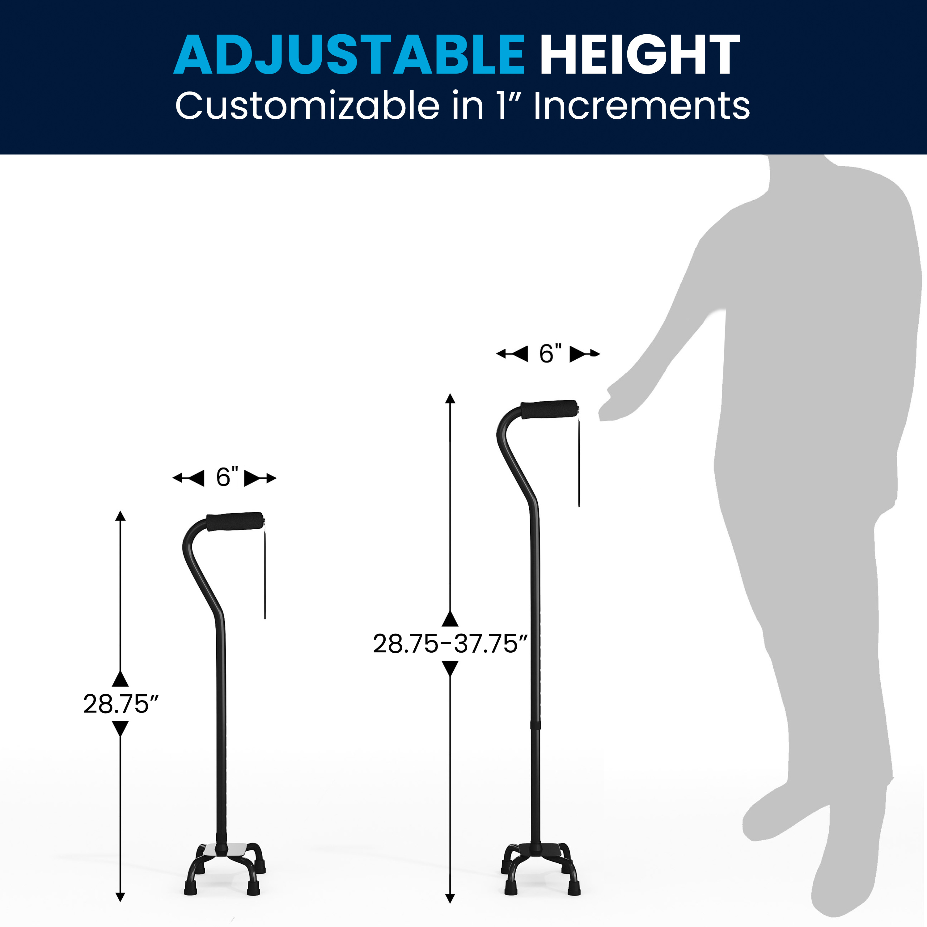 HERCULES Adjustable Quad Cane with Comfort Grip Foam Padded Handle, Large 4-P...