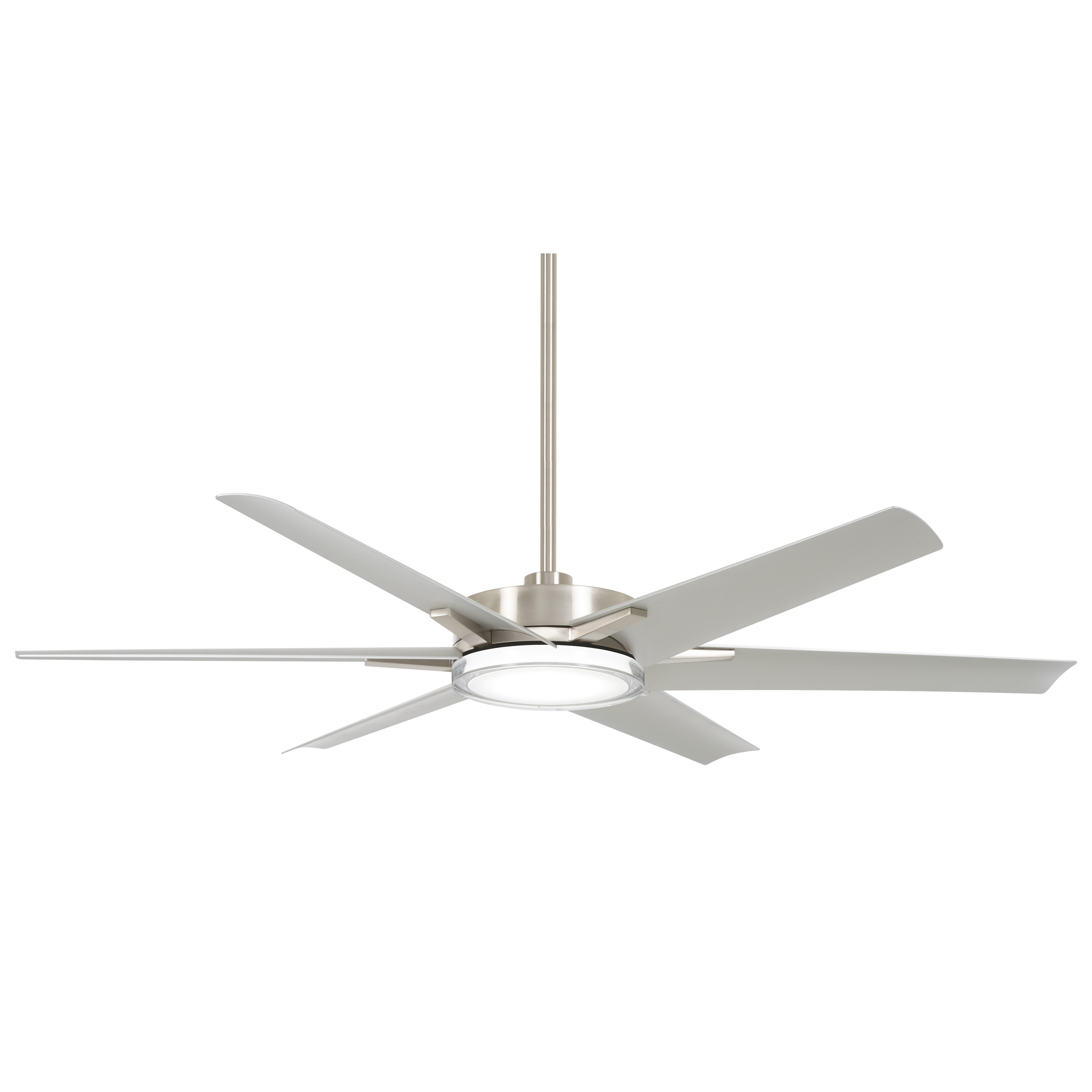 The Deco combines substantial airflow coverage with energy-efficient LED lighting in a sleek contemporary design. Its wet-rated brushed nickel finish and DC motor make it ideal for large indoor and outdoor spaces. - alternate view