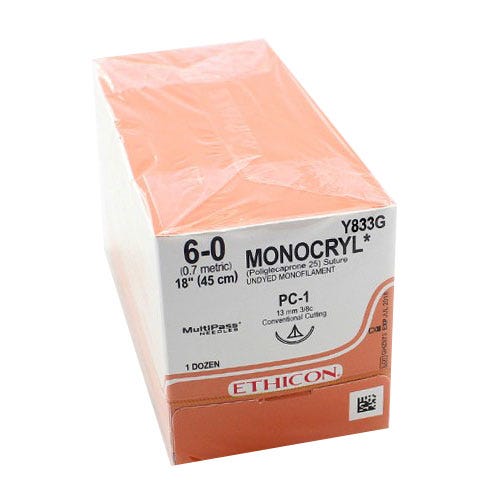 MONOCRYL® Undyed Monofilament Sutures, 6-0, PC-1, Precision Cosmetic-Conventional Cutting PRIME, 18" - 12/Box