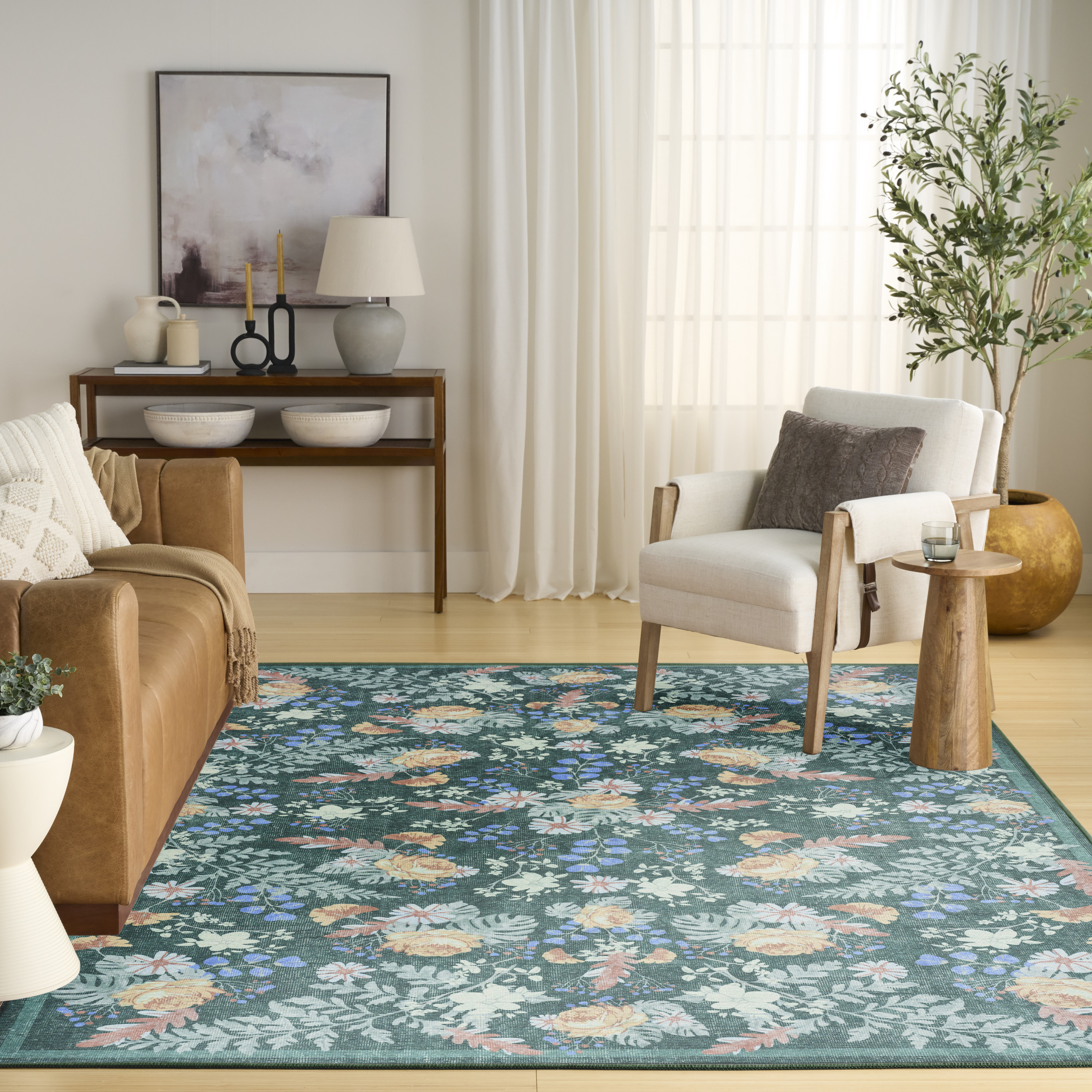 Nourison Botanical Washables 5' x 7' Green Multicolor Farmhouse Indoor Rug