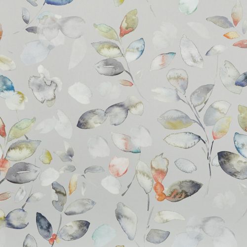 Wallpaper with a watercolor leaf pattern covering the surface, showing loosely painted multicolored leaves and stems; leaves overlap and float, forming a soft botanical motif on a pale gray background.
