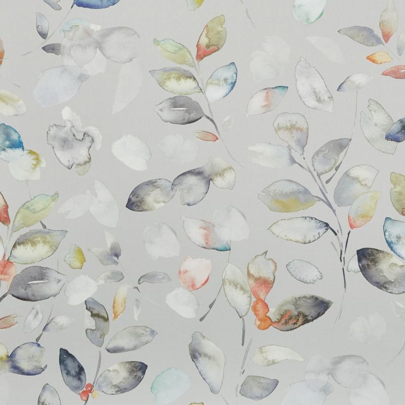 Wallpaper with a watercolor leaf pattern covering the surface, showing loosely painted multicolored leaves and stems; leaves overlap and float, forming a soft botanical motif on a pale gray background.