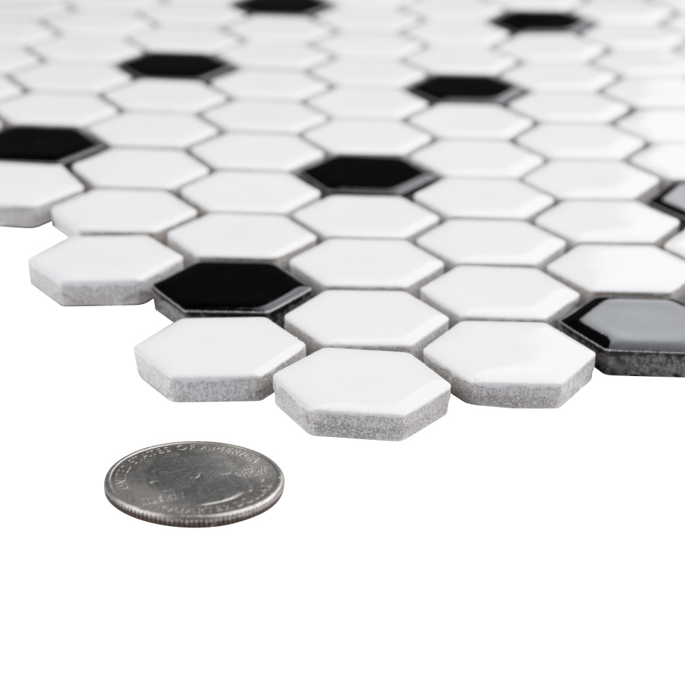 Metro 1″ Hex Glossy White w/Black Dot 10-1/4 in. x 11-7/8 in. Porcelain Mosaic Tile