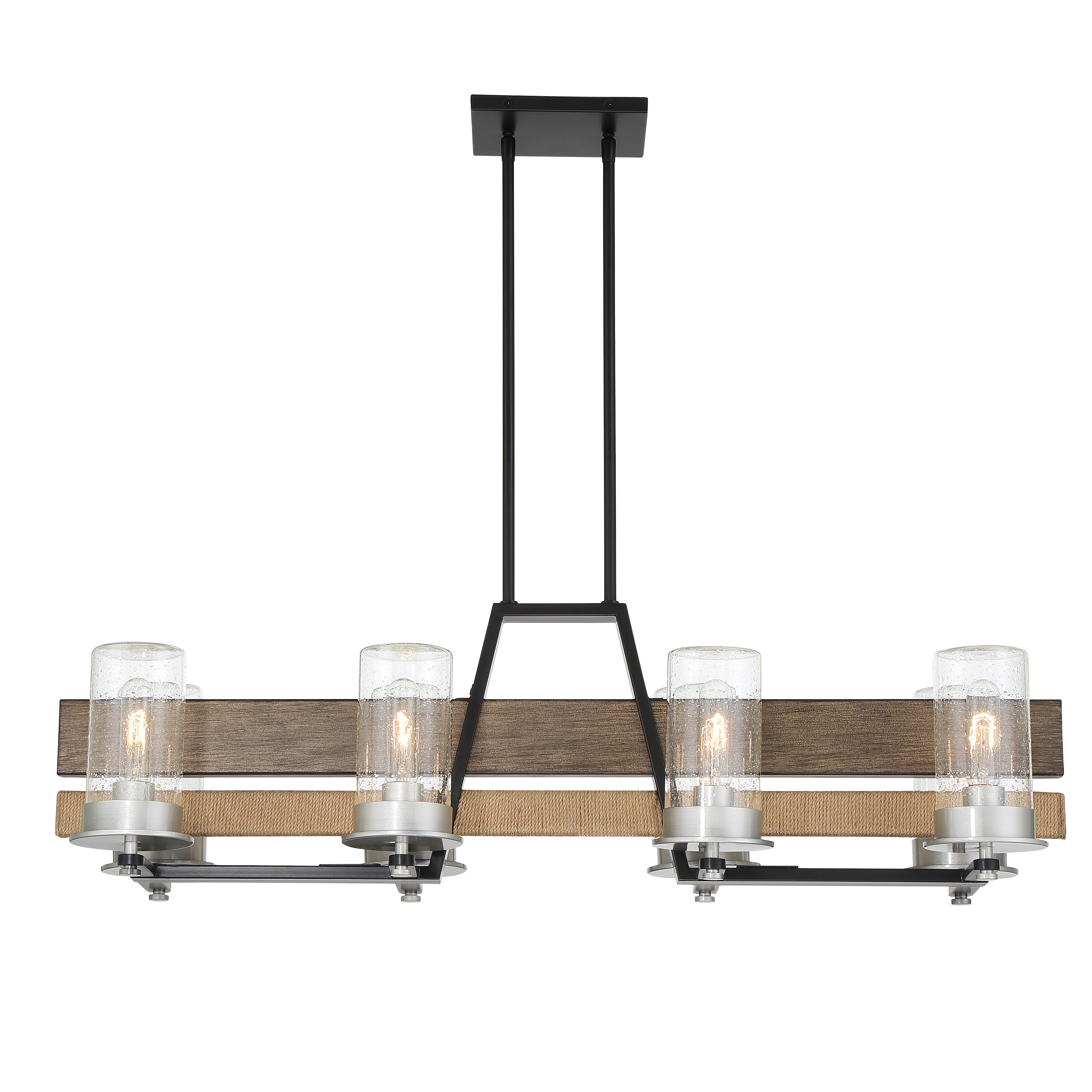 The Silver Creek brings dramatic scale and mixed-material appeal to covered outdoor spaces. Eight lights provide ample illumination while rope detailing and seedy glass add coastal charm to the modern industrial frame. - alternate view