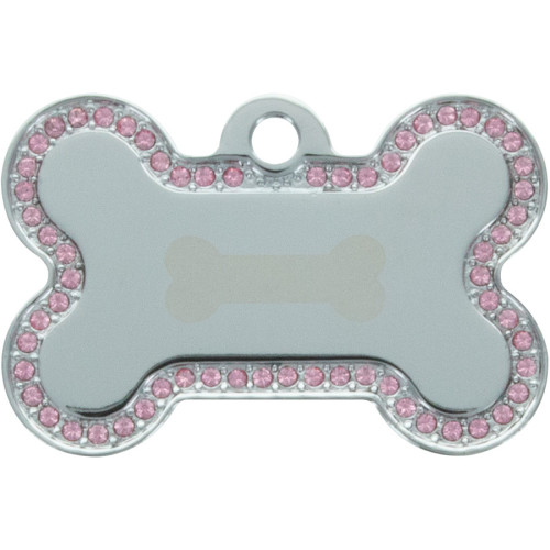 Chrome Bone with Pink Crystals Large Bone QuickTag Crystal/Pave Decorative Engraving