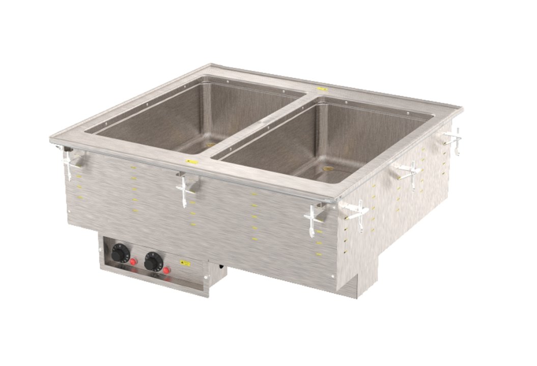 Two-well 120-volt 1250-watt modular drop-in hot well with standard drain and infinite controls