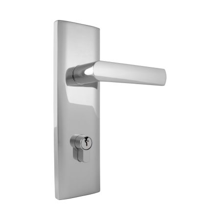 TradePro Round Rose Bela Long Plate Double Cylinder Entrance Lever Set in Bright Chrome