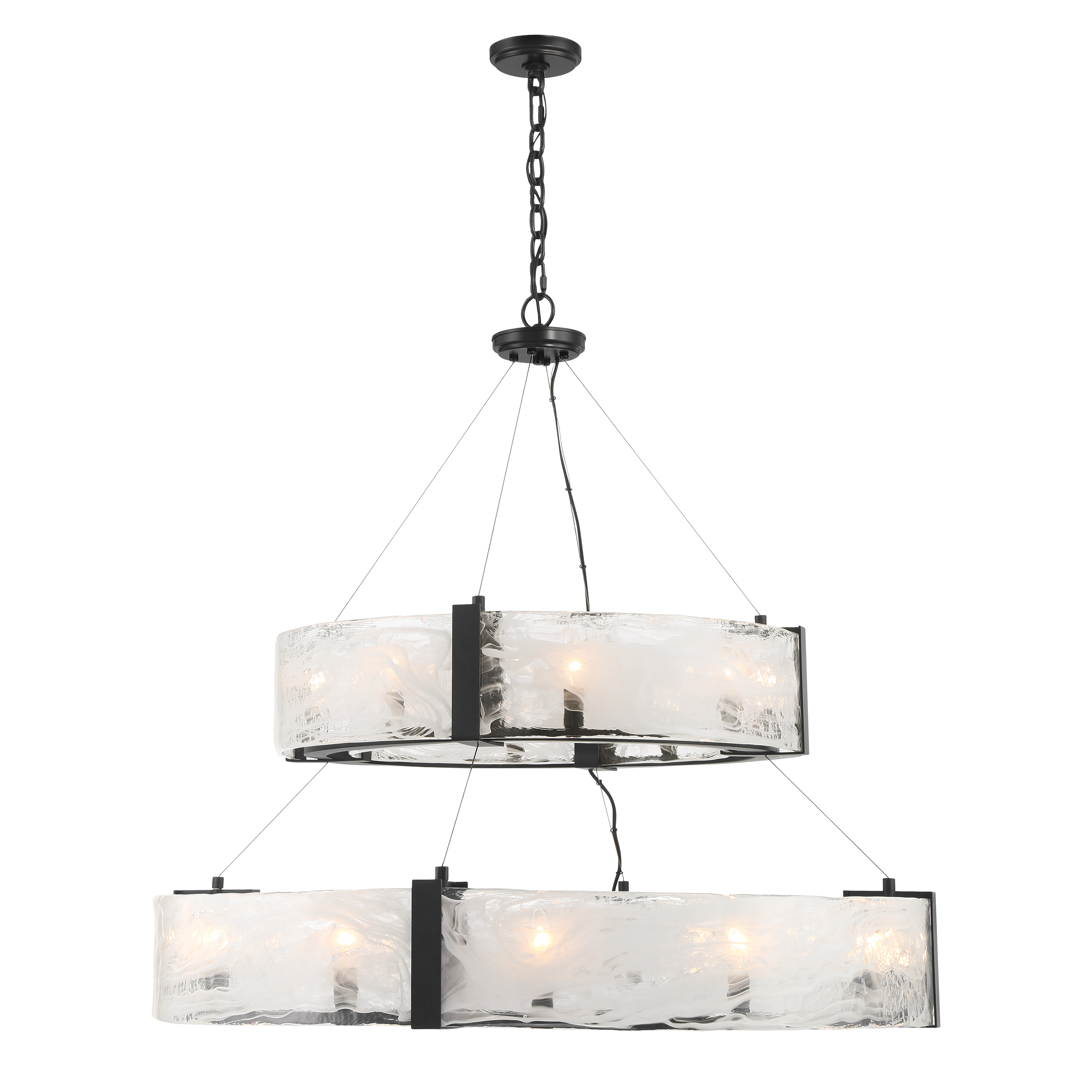 The Cloud Break pendant makes a bold architectural statement with 20 candelabra bulbs arranged in a modern composition. Cloud glass diffusers soften the light while the coal black finish adds contemporary sophistication to large spaces. - alternate view