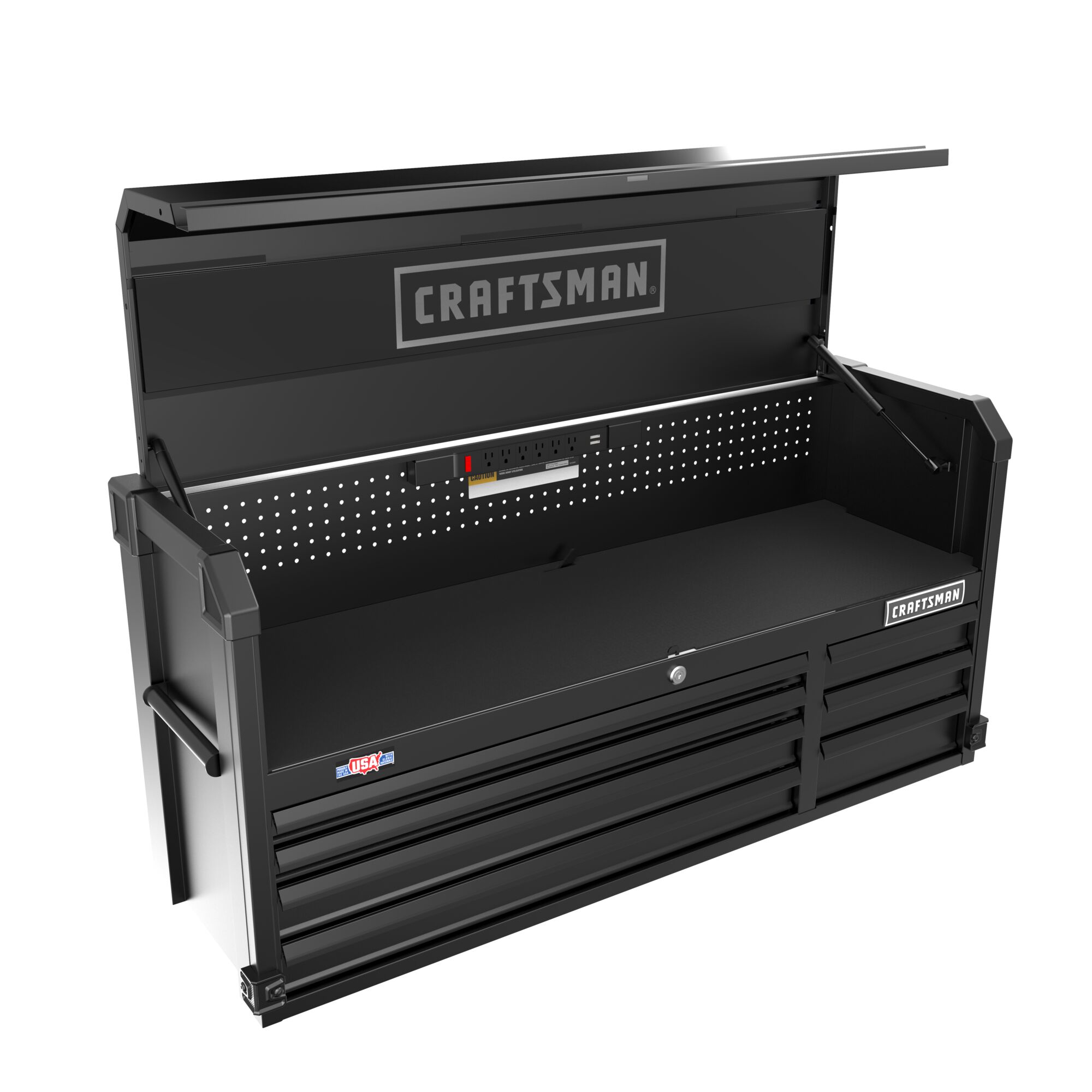 CRAFTSMAN Premium S2000 Series 52-inch Wide 7-Drawer Tool Chest atop a 52-inch Wide Rolling Tool Cabinet with lid open