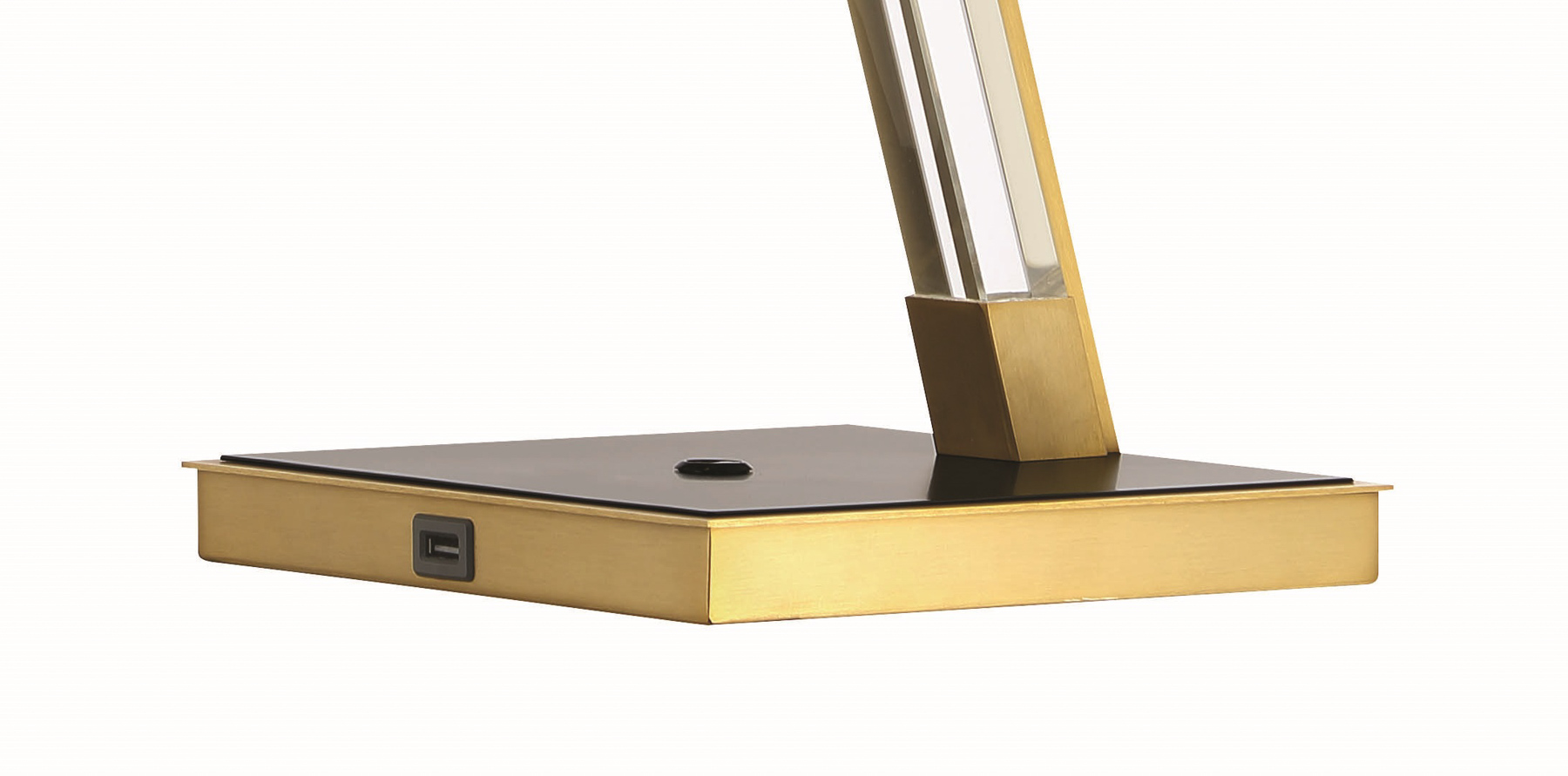 The Sauvity table lamp combines contemporary design with energy-efficient LED technology. Its coal black finish with soft brass accents creates a sophisticated look, while the glass shade provides warm, diffused lighting. - alternate view