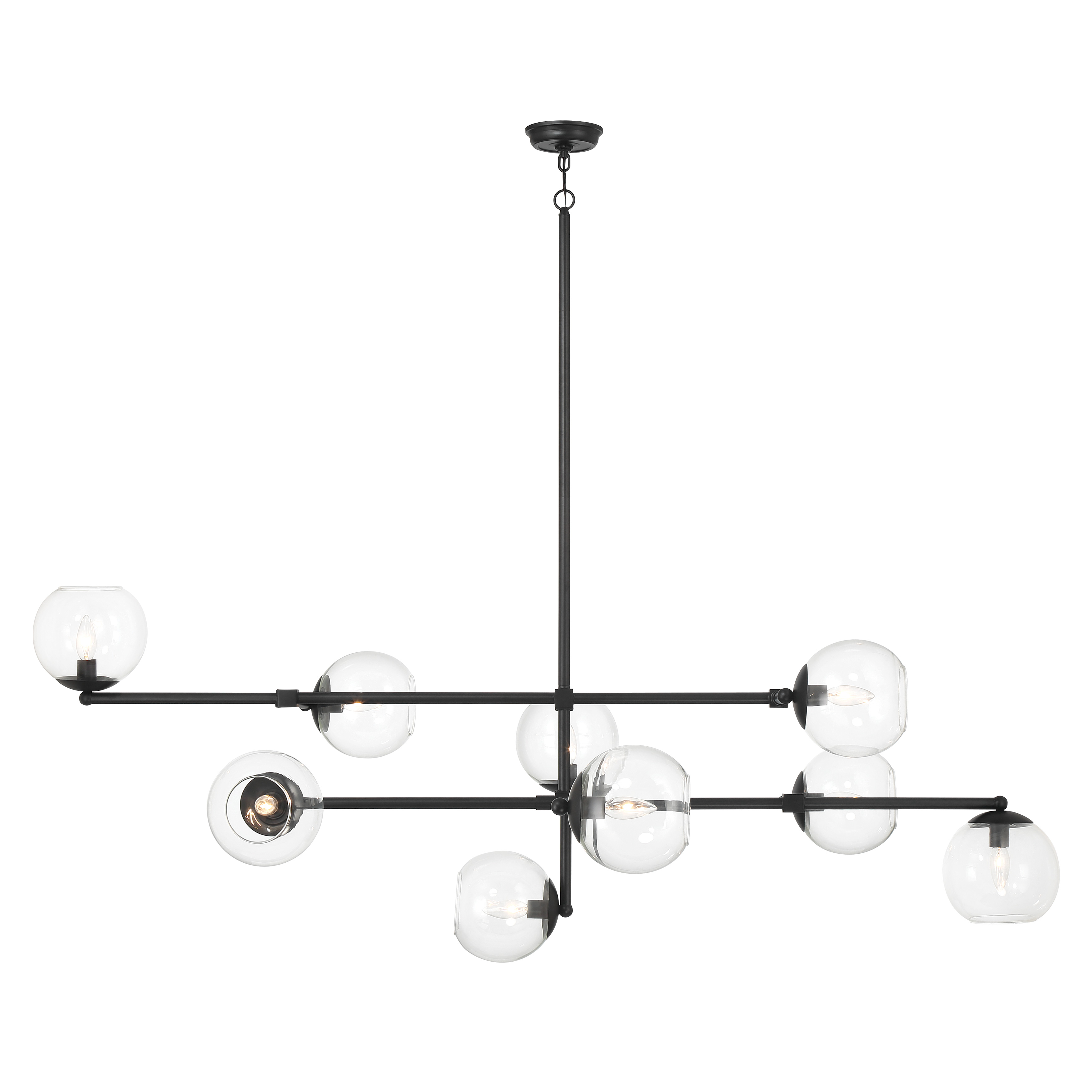 The Millikan brings bold industrial-modern style with its expansive 64-inch linear design. Nine clear glass shades create stunning visual impact while the coal black finish adds contemporary edge to dining rooms and kitchen islands. - alternate view