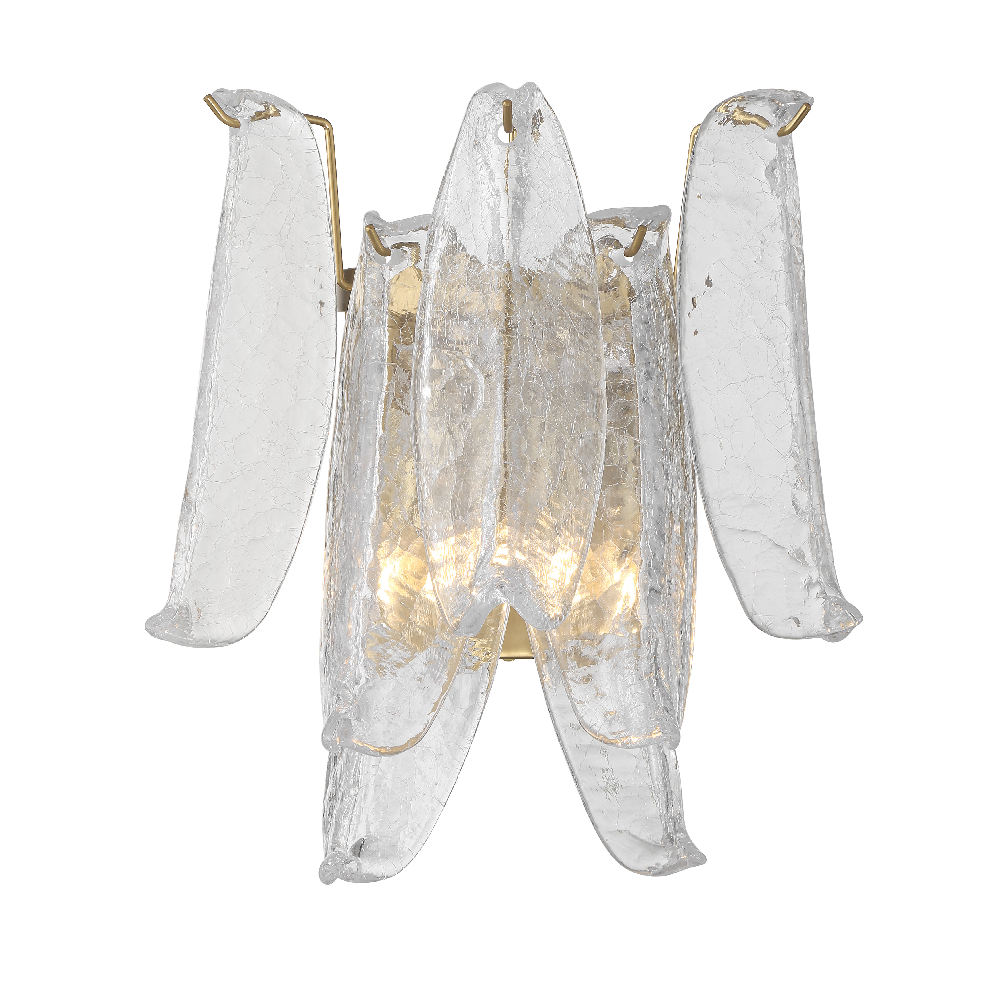 The Regent wall sconce combines warm Legacy Brass finish with unique clear crackled glass shades for sophisticated ambient lighting. Its compact 13-inch profile makes it ideal for bathrooms, hallways, and intimate spaces. - alternate view