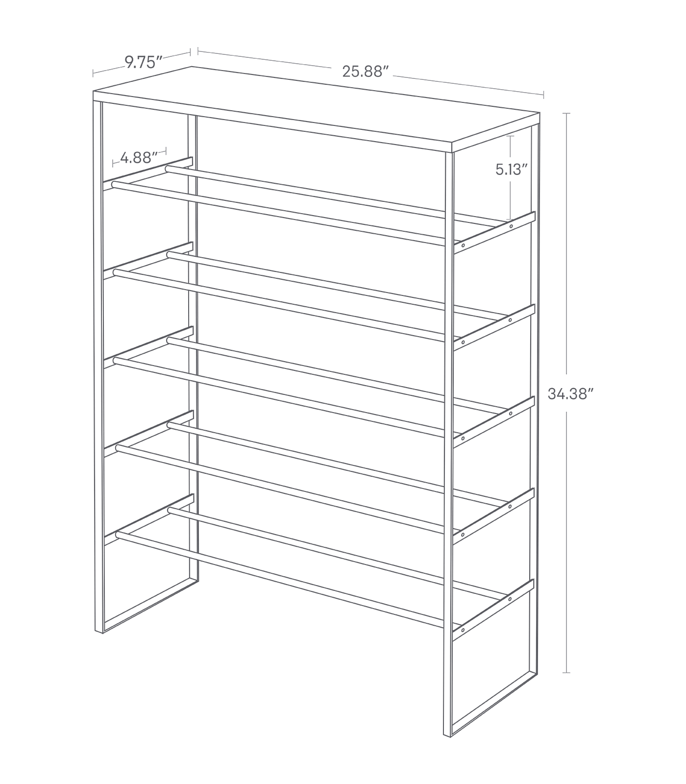Image dimensionnelle pour le support à chaussures à six niveaux montrant une hauteur totale de 34,38 po, une longueur de 25,88 po et une largeur de 9,75 po. L