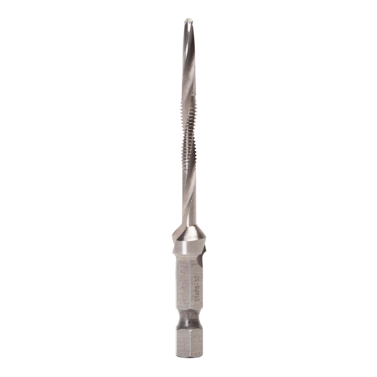 8-32NF Combination Drill Tap Bits.  Drill, Tap, and Countersink in one easy to use bit.  Tap holes up to 4X's faster than traditional methods.  One-piece Drill/Tap design ensures proper hole size for threaded tap size.  Available kit and individual bits in 8-32NC, 10-32NF, and 1/4-20NC thread sizes.  Constructed of hardened High Speed Steel.  Long length Drill/Tap Bits tap up to 1/2" (12.7 mm) thick material.  Split-tip drills fast and resists walking.  Back tapered beyond tap to prevent thread damage.  Quickly deburrs and counter sinks threaded hole.  Fast, secure 1/4" Quick-Change hex shank.  Quick-Change adapter included in Standard Length, Long Length, and Metric Drill/Tap Kits.  For best results, use Greenlee cutting oil with all Drill/Tap bits.