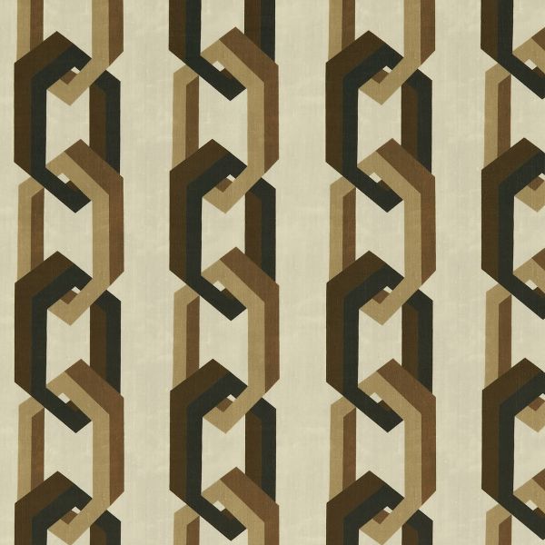 Geometric chain-patterned wallpaper, vertical linked octagonal bands in brown, tan and black; repeating columns form an interlocking motif across a beige background, shown flat under even light.