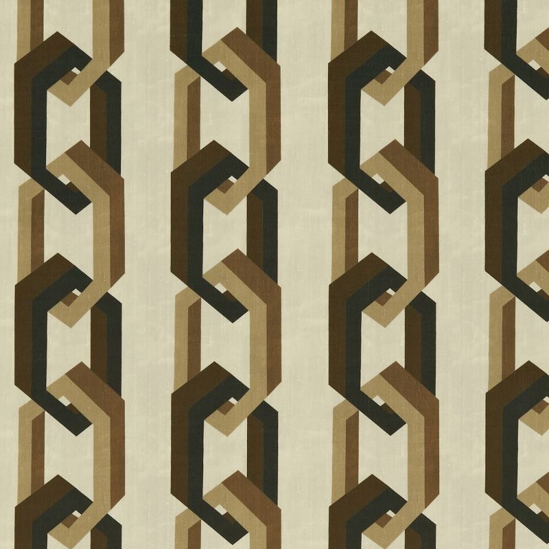 Geometric chain-patterned wallpaper, vertical linked octagonal bands in brown, tan and black; repeating columns form an interlocking motif across a beige background, shown flat under even light.