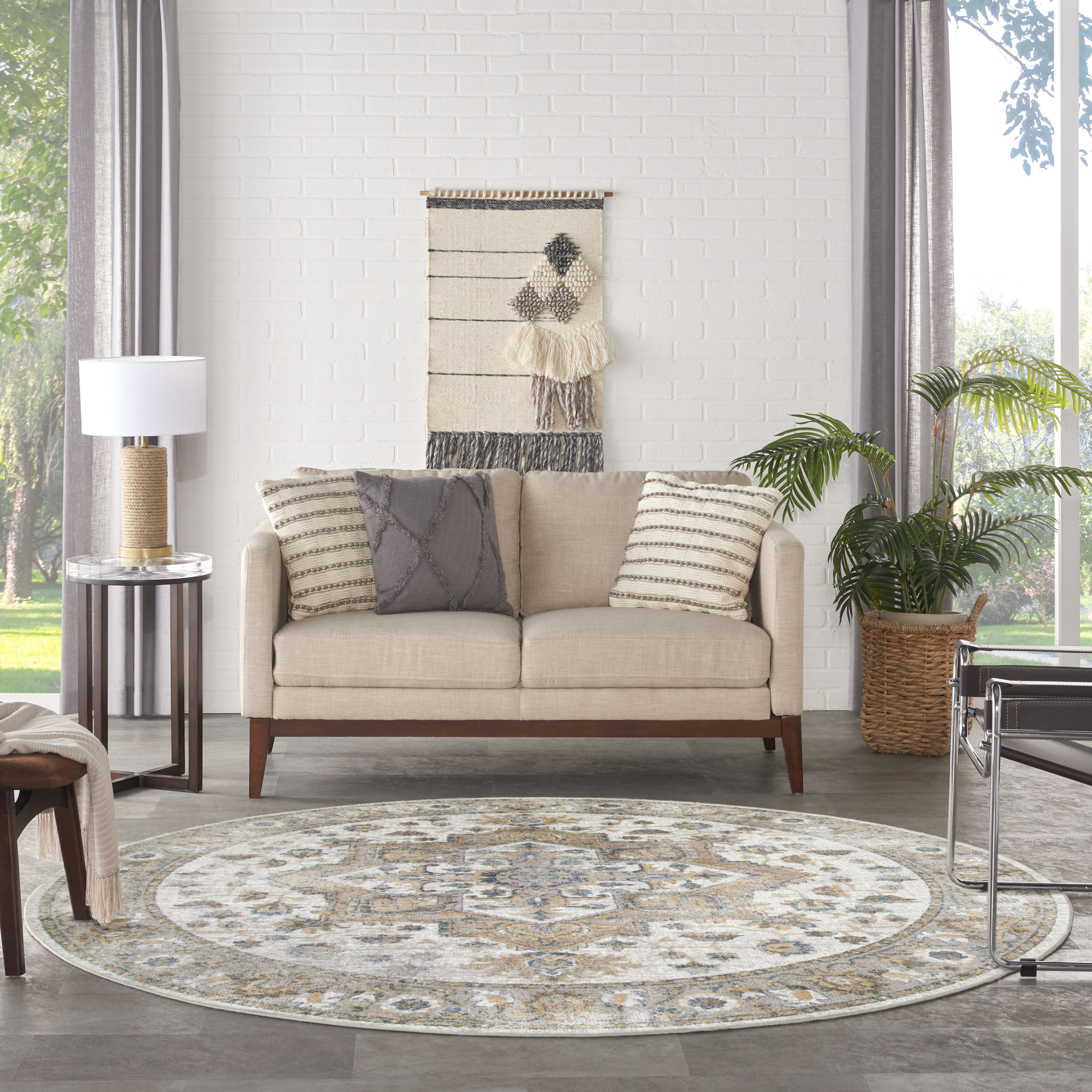 Nourison Astra Machine Washable 5'3" x Round Beige Vintage Indoor Rug