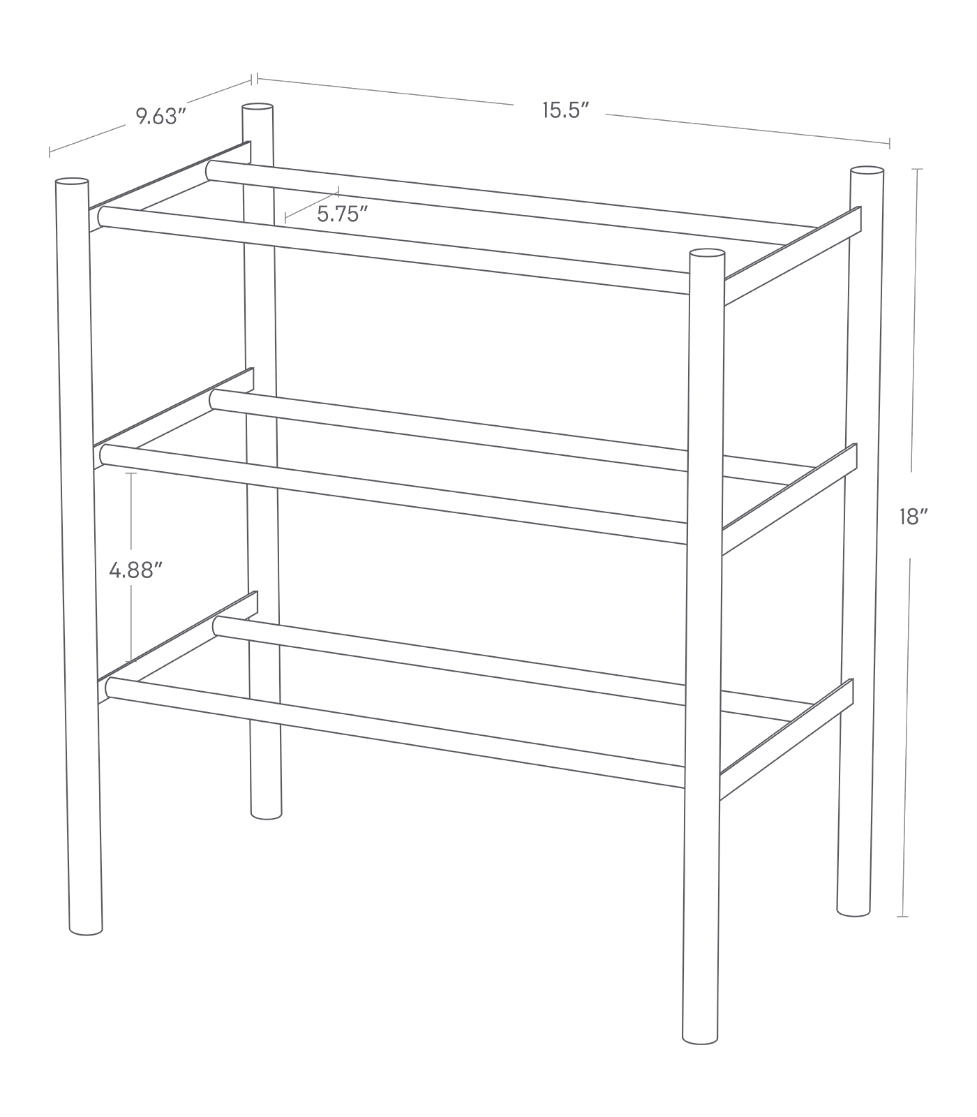 PLAIN Expandable Shoe Rack. 18 inches tall, 15.5 inches long, 9.63 inches wide. Tiers 4.88 inches apart in length.